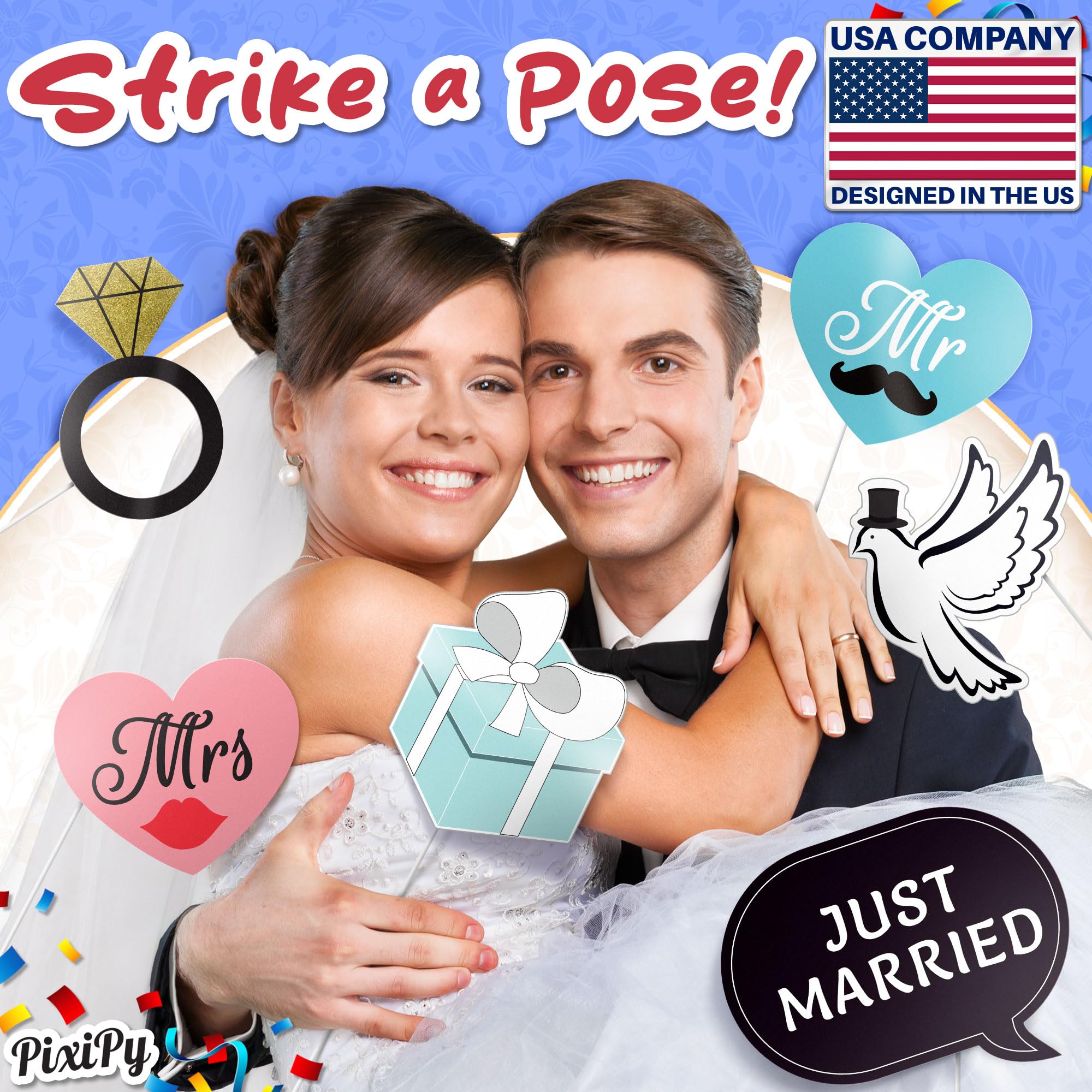 Hochzeits-Fotoautomaten-Requisiten (52 Stück, mehrfarbig), lustiges Fotoshooting-Party-Selfie-Zubehör, alberne Gruppenbilder für Hochzeitsempfang, Jahrestag, Verlobung oder Dusche
