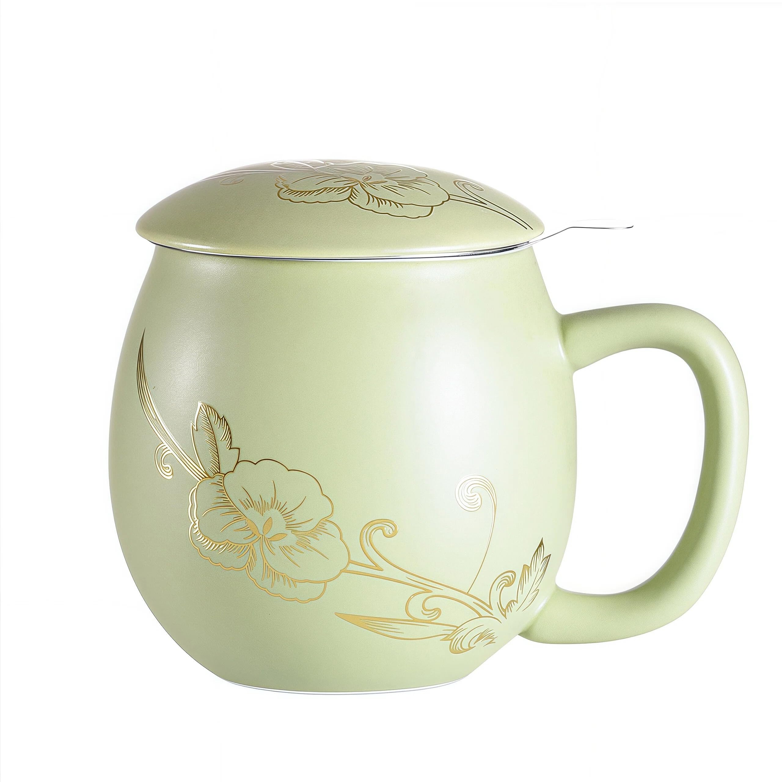Yundu 12 OZ Ceramic Mug with Lid &amp; Tea Strainer - Matte Light Green Tea Cup with Golden Flower, Stainless Steel Infuser for Loose Leaf Tea