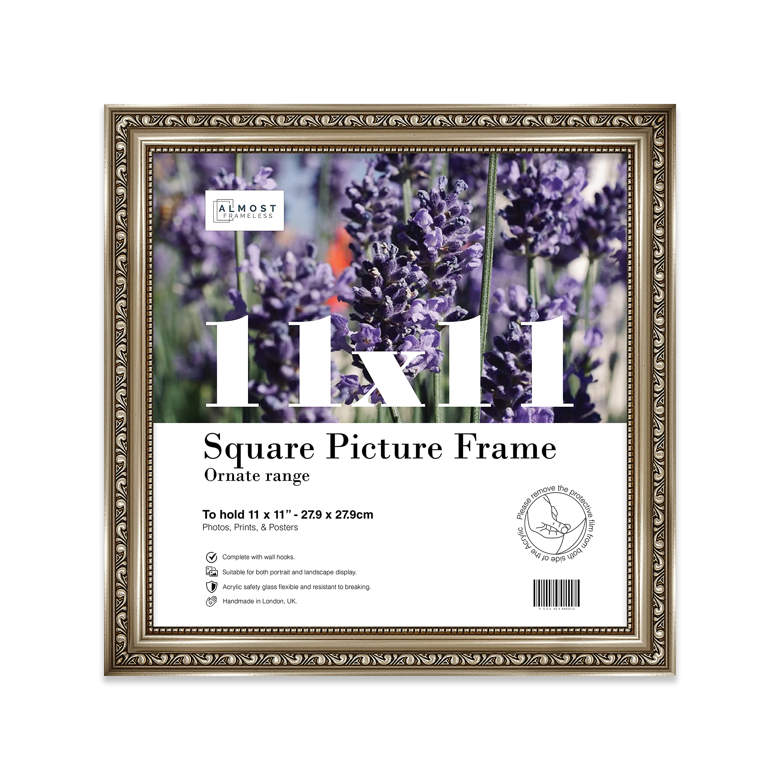 Almost Frameless 11x11 Gunmetal Ornate Picture Frame 11"x11"(27.9x27.9cm) Poster, Photo, Artwork, or Print. Shabby Chic Style Portrait and Landscape Display with Wall Hooks