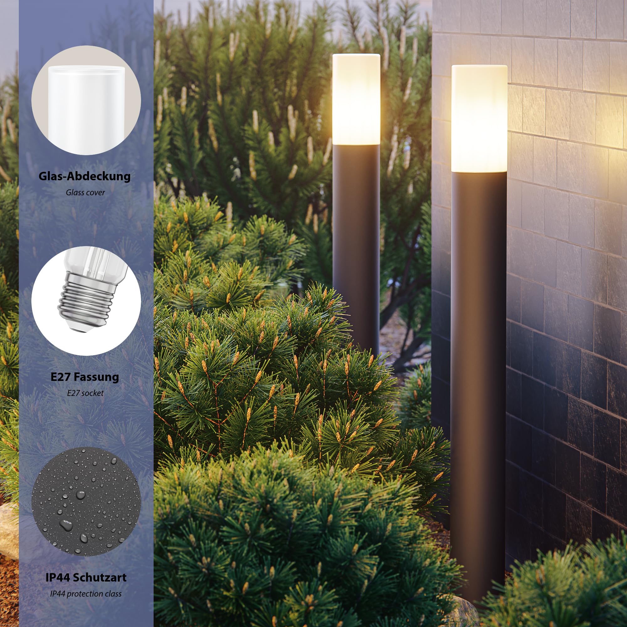 ledscom.de GROPO luce di percorso/bitta per esterni con copertura in vero vetro premium - resistente ai raggi UV, non ingiallisce, IP44, 90 cm, antracite 1x E27 max. 40W