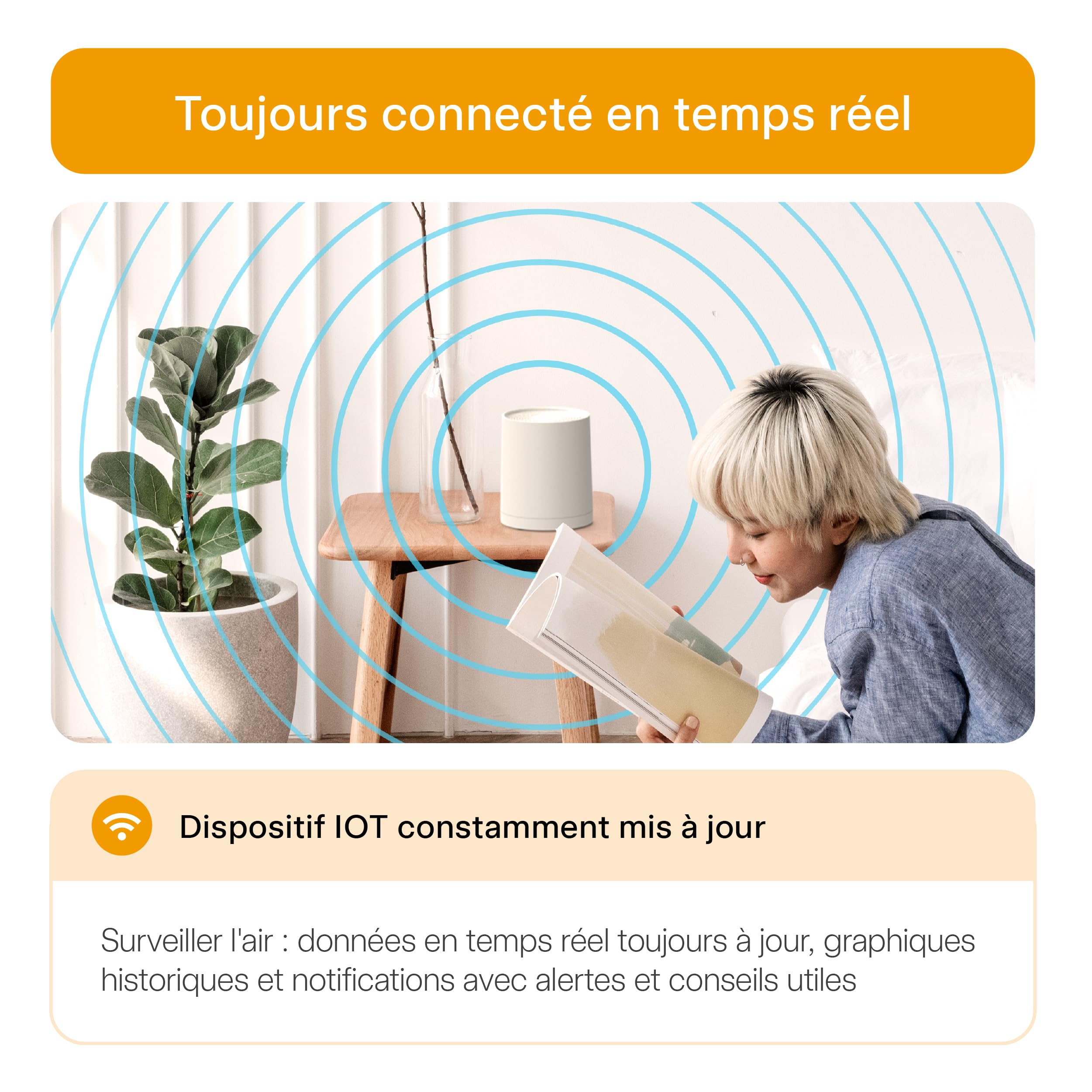 Radoff Sense- Appareils Mesurant Qualité Air Intérieur avec Capteur Radon, Humidité et Pression Air, Détecteur CO2 COV PM Compatible avec Alexa, Intégration Complète à Venir, Thermomètre Connecté WiFi