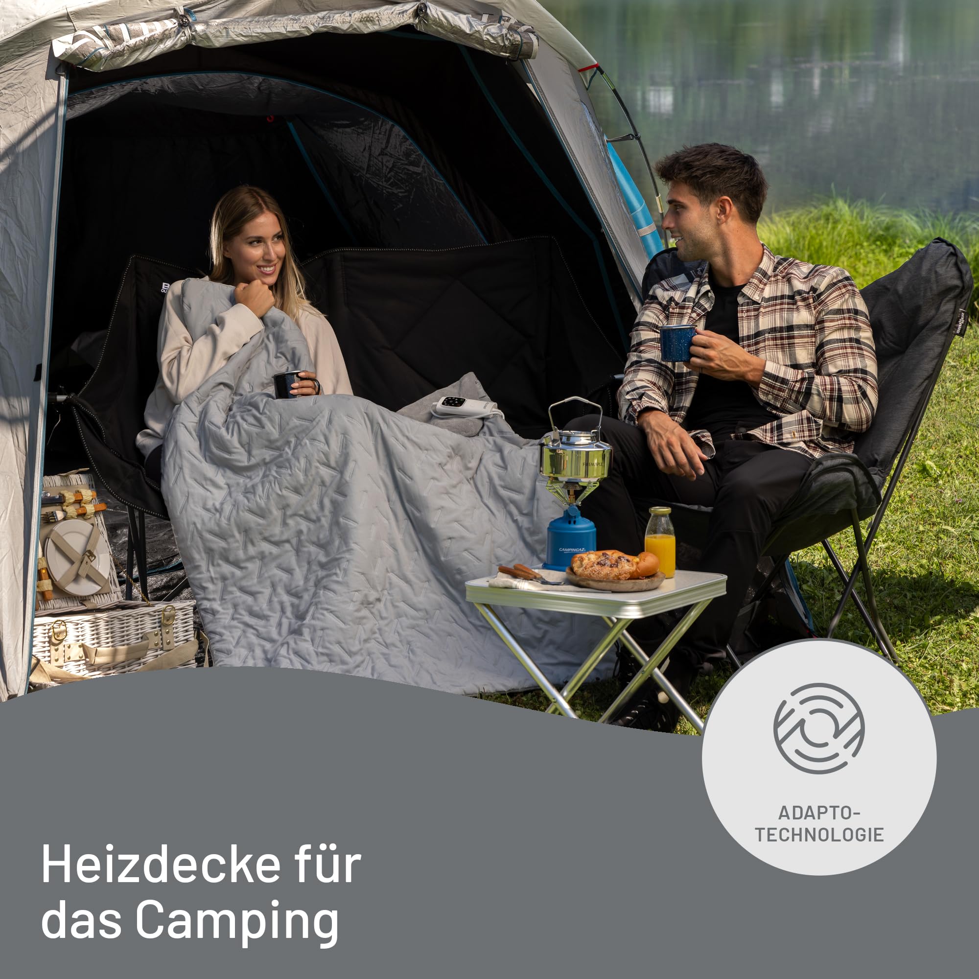 Imetec CaldoPlaid Adapto Camping, Heizdecke ideal für Wohnmobile, Wohnwagen, Zelt, 160 x 120 cm, geringer Verbrauch, Adapto-Technologie, sicher, schnelle Erwärmung, 6 Temperaturen, waschbar