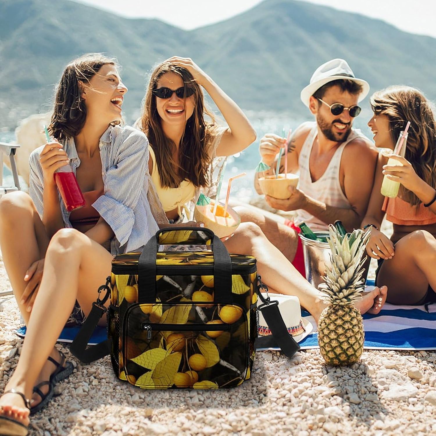 Camping Ice Pack, Yellow Leaves and Fruits Print Cooler Bag, 22.5L Large Capacity Insulated Lunch Tote Bag for Outdoor, Picnic, BBQ, Travel, Work