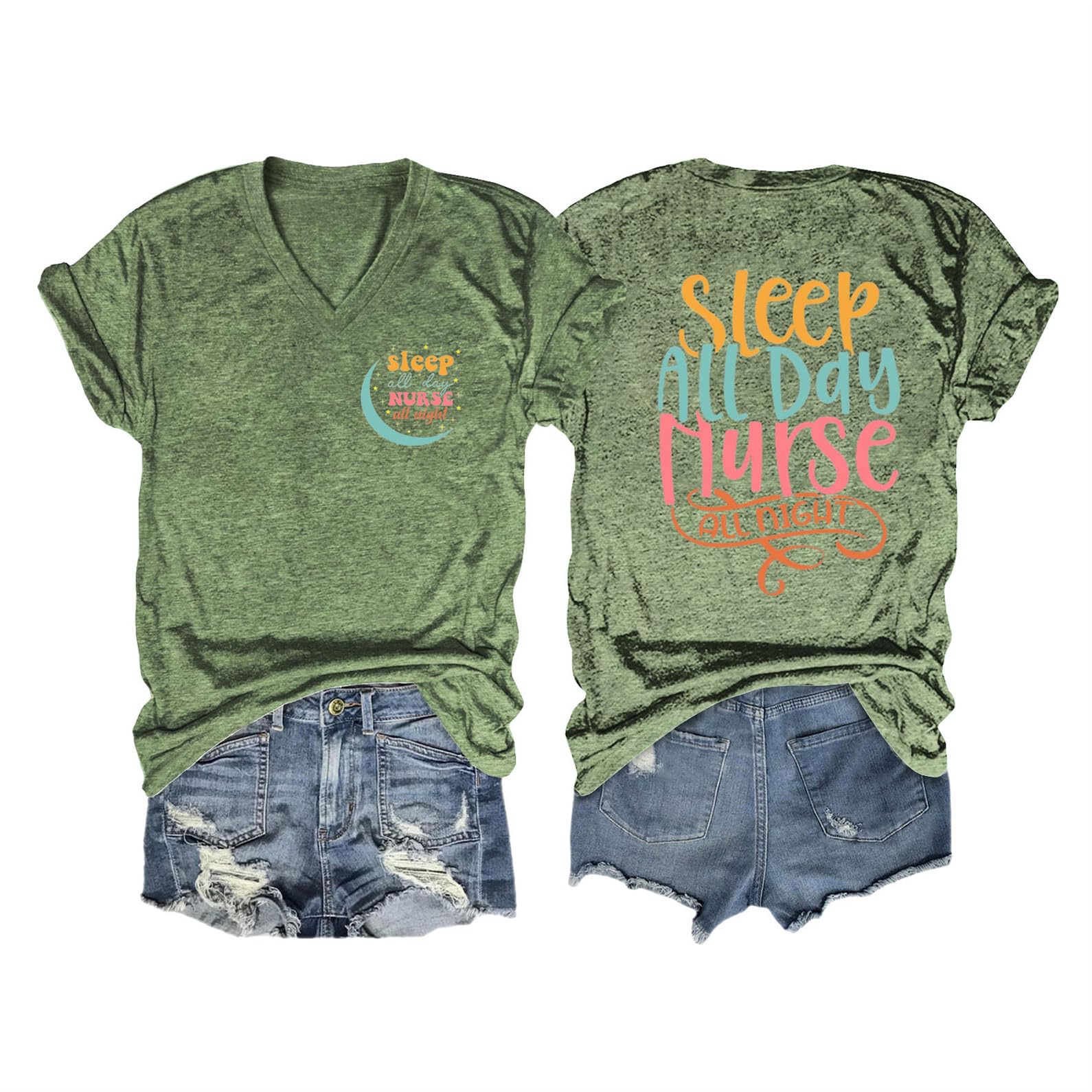 PUGIAF Funny Nurse V-Neck Shirt for Women, Sleep All Day Nurse All Night Shirt, Casual Cute Nurse Life Short Sleeve Tops Olive Green