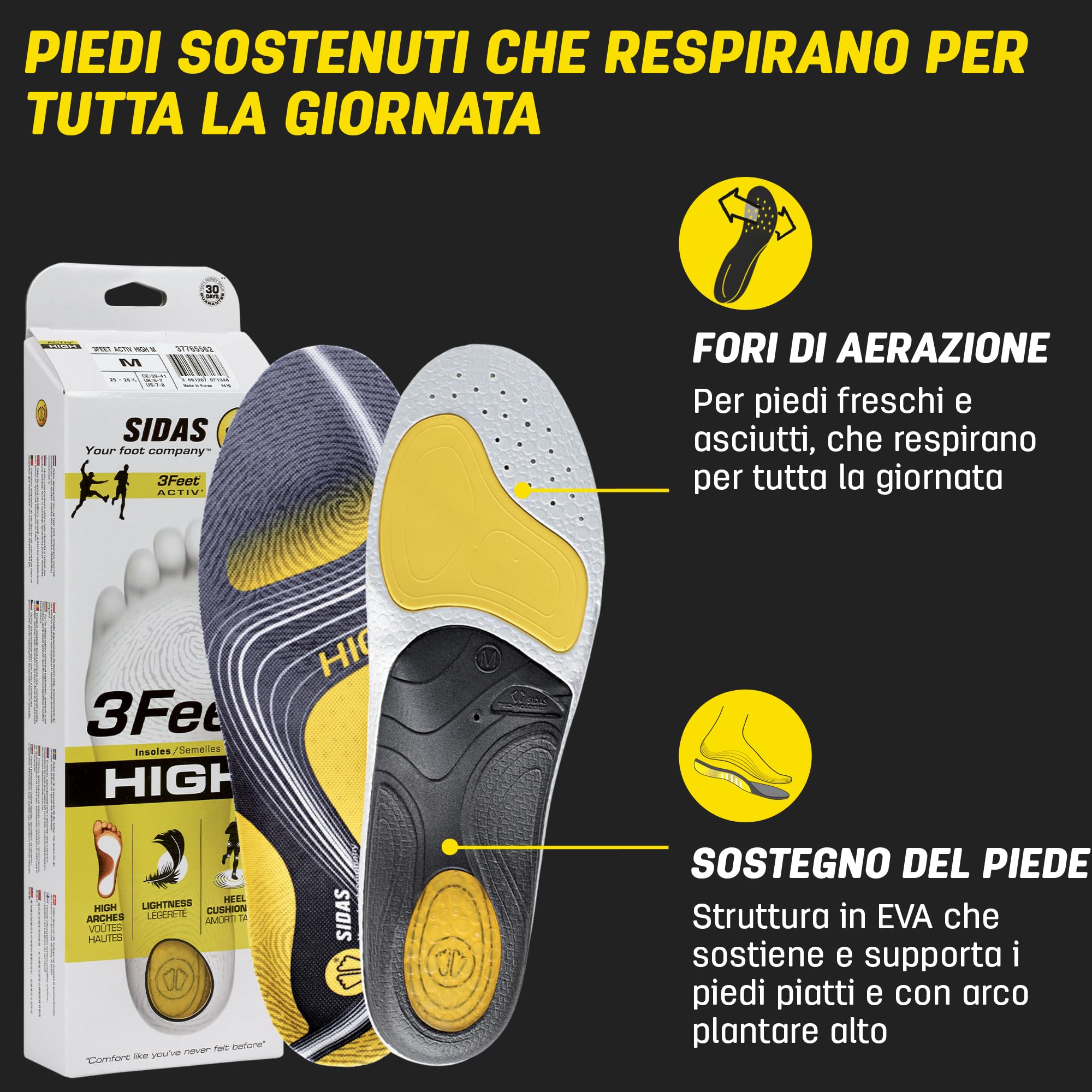 Solette 3Feet Activ' High, Corsa e Multisport, Per Arco Plantare Alto, Assorbimento degli urti, Per scarpe da uomo e donna (44-45)