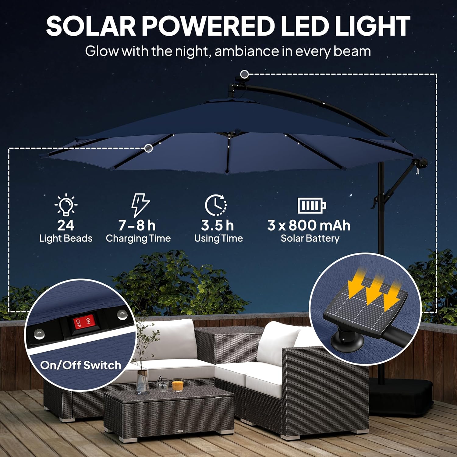 Outsunny 10 ft Cantilever Patio Umbrella with Solar LED Light, Sandbag Weight, Offset Hanging Outdoor Market Umbrella with Protective Cover, Crank and Tilt, Dark Blue