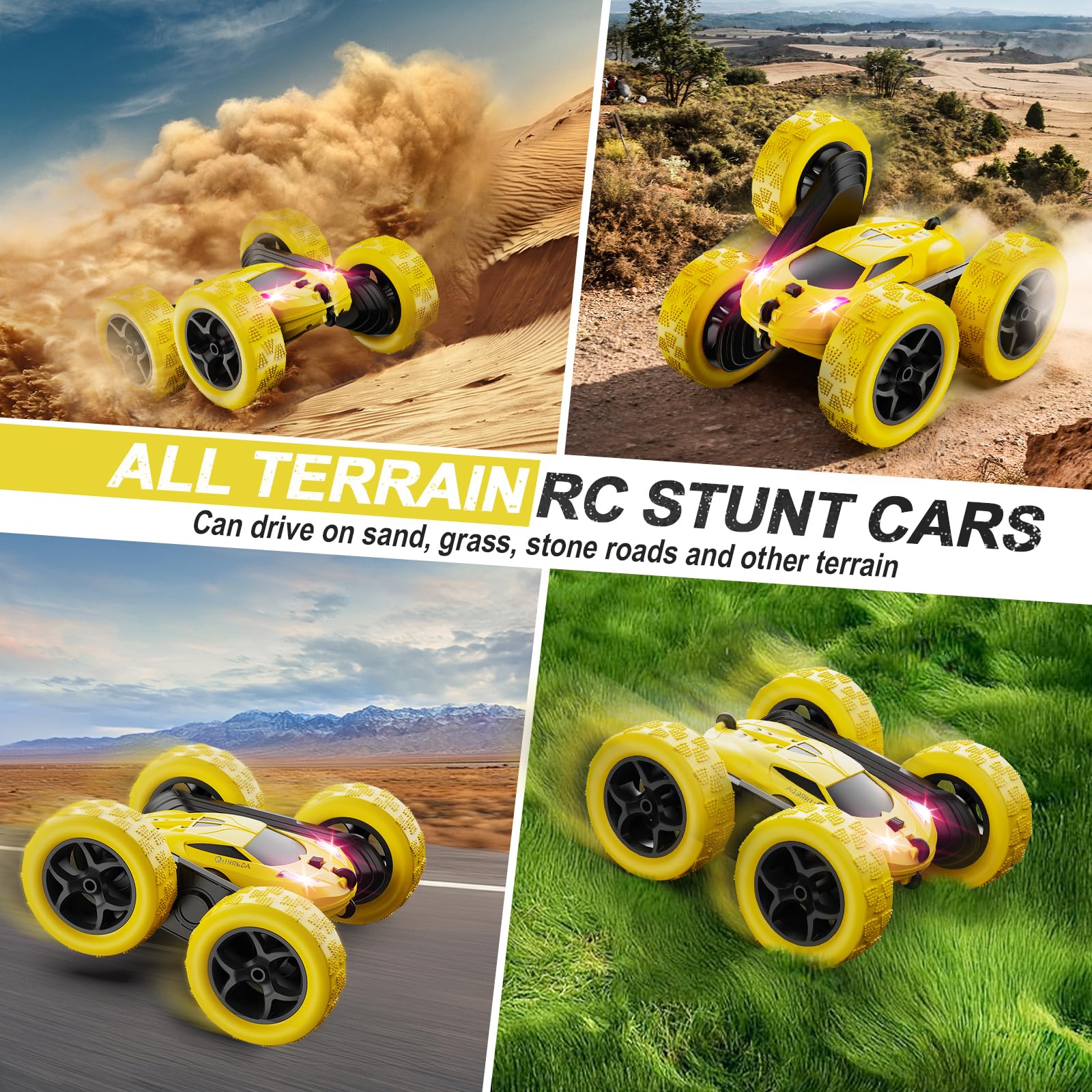 QUNREDA Macchina Telecomandata, Auto RC Giocattolo per Bambini 6-12 Anni, Auto Acrobatica Fuoristrada 4WD con Rotazione 360°, Regalo di Compleanno e Natale per Bambini e Bambine, Gialla