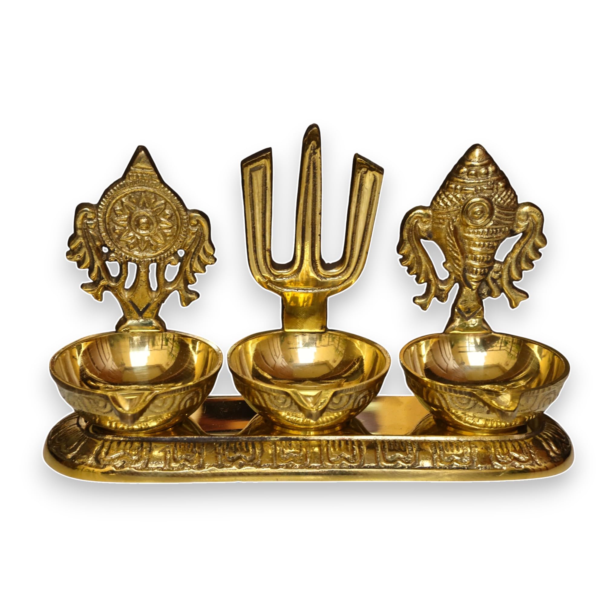 RAISOM Brass Shankha Chakra Balaji Tilak 3 Deep Diya | Premium Oil Lamp for Pooja, Home and Office Temple | Housewarming Gift, Diwali Puja and Festive Gifting | Height:3.6 in Weight: 380g