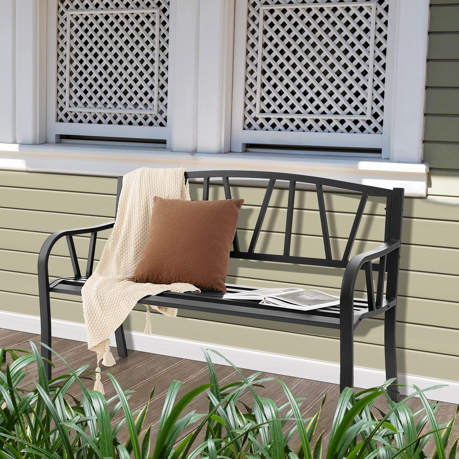KOMFOTTEU Panca da giardino a 2 posti, metallo, carico 300 kg, 01, 128 x 55,5 x 86 cm | Panca da parco con schienale, Sedia da parco, per balcone, terrazza, nero