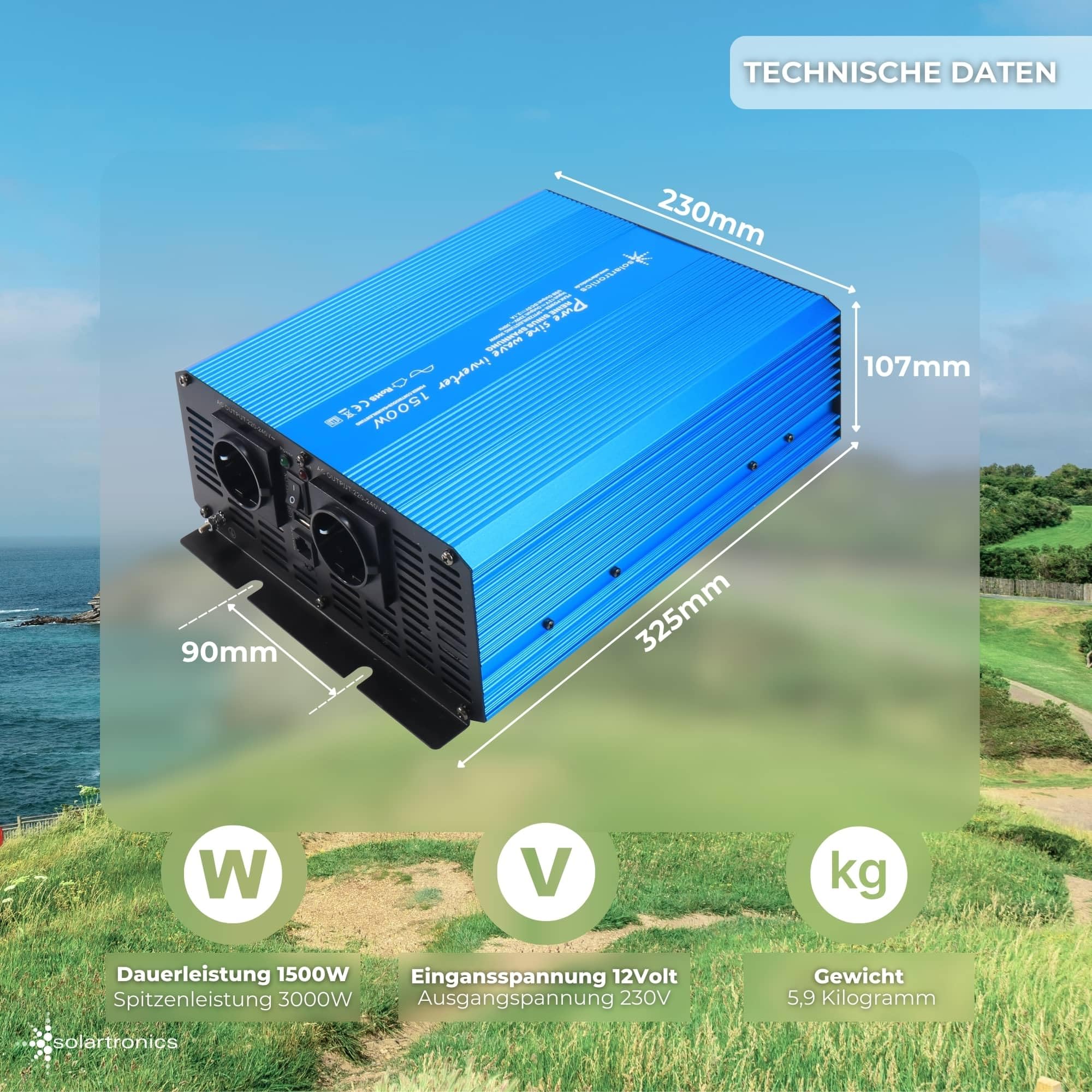 SOLARTRONICS TS 1500W Spannungswandler 12V 230V Reiner Sinus Wechselrichter 230v auf 12v Power Inverter + Display Einbau Fernbedienung USB C+A Wohnmobil