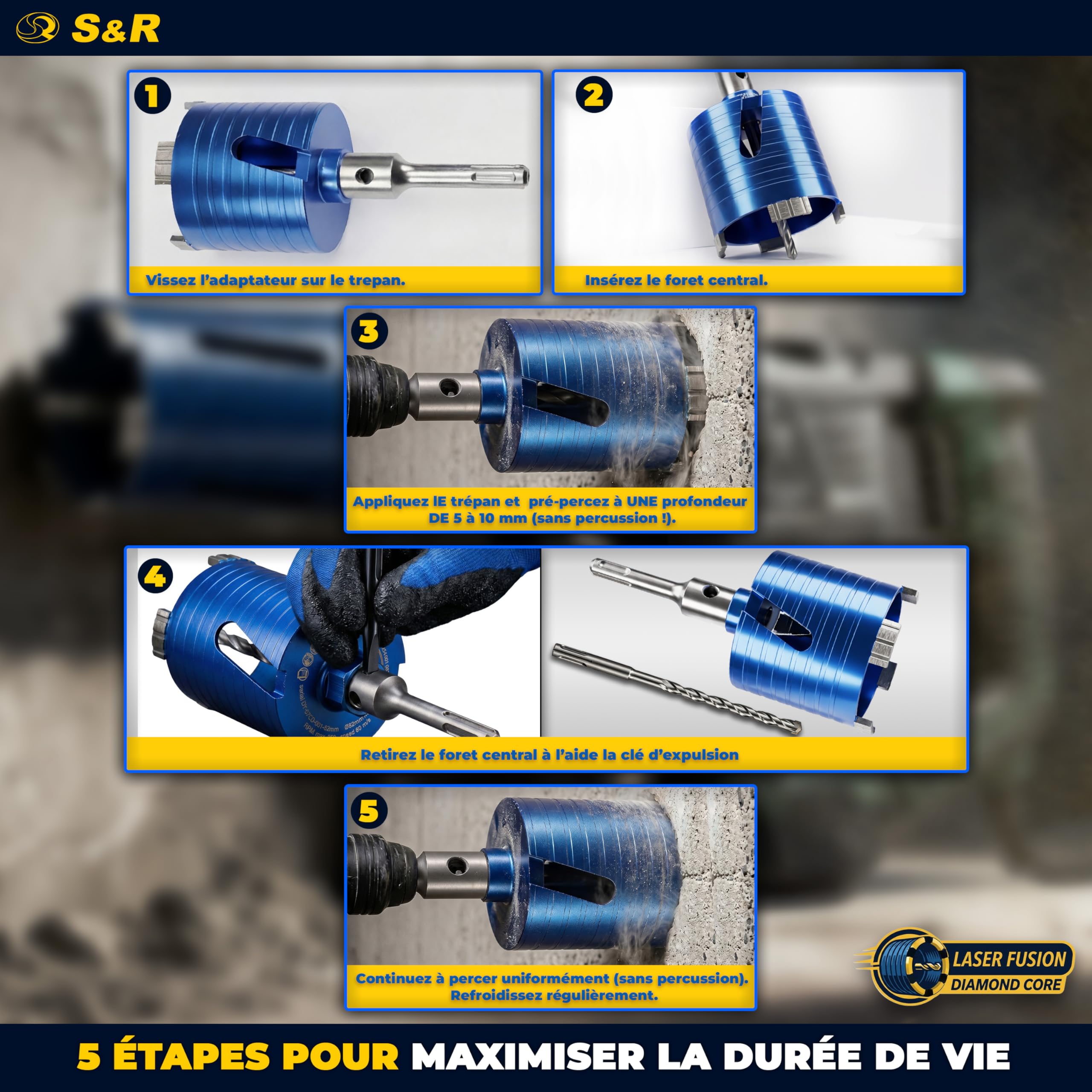S&R Scie Cloche Trépan Béton 68mm. Foret Couronne Diamant Carotteuse 68. Scie Cloche Brique Marbre Maçonnerie. Adaptateur SDS Plus M16 et Foret Guide 8x110 mm