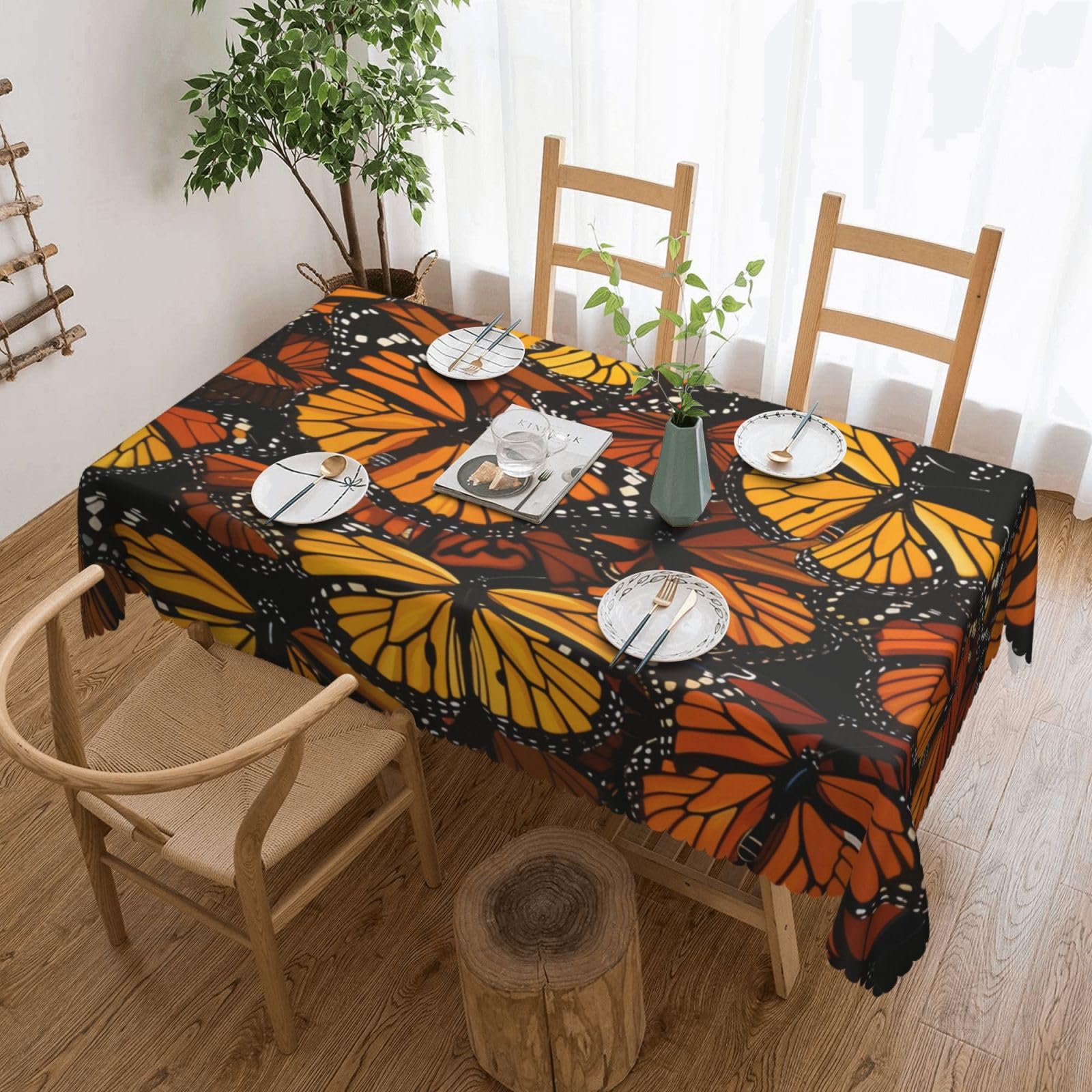 WPKJU Heaps of Orange Monarch Butterflies Printed Rectangle Tablecloth 72x54 Inch with Lace Trim, Water-Resistant Washable Table Cover for Farmhouse Weddings, Outdoor Picnics & Holiday Dining