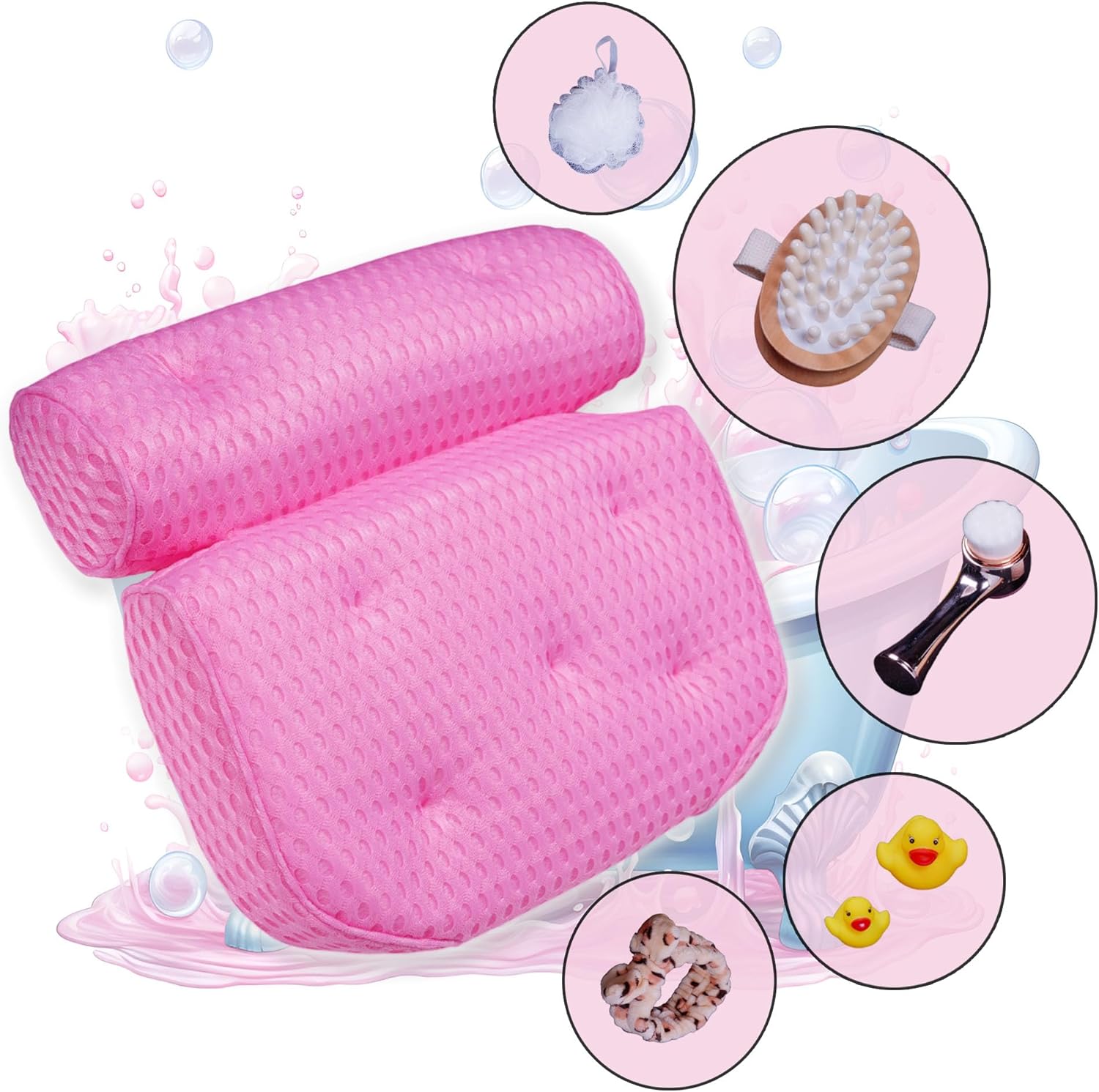 Pillow for Bathtub Pillow Set of 8 Pieces Luxury Spa Bath Set Bath Cellulite Brush, Facial Cleanser Brush Bath Spouge Neck and Shoulder Pain Relief Pillow Gift Box for her, Large, Pink