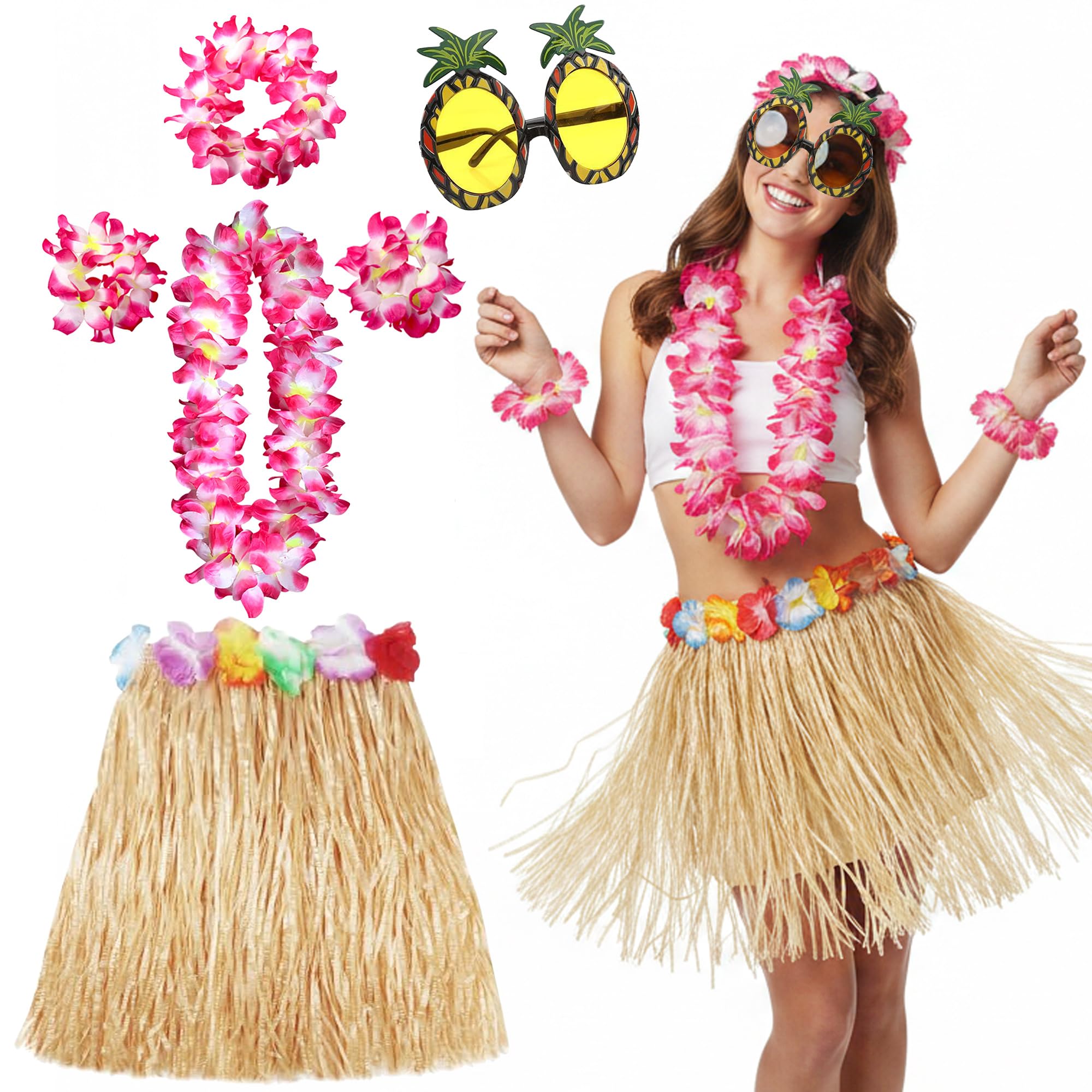 Hawaiian Flower Garlands Fancy Dress - Hawaiian Leis Flower Garland Necklace Grass Skirt Pineapple Sunglasses, Hot Pink Flower Accessories for Luau Party and Tropical Beach Summer Celebrations
