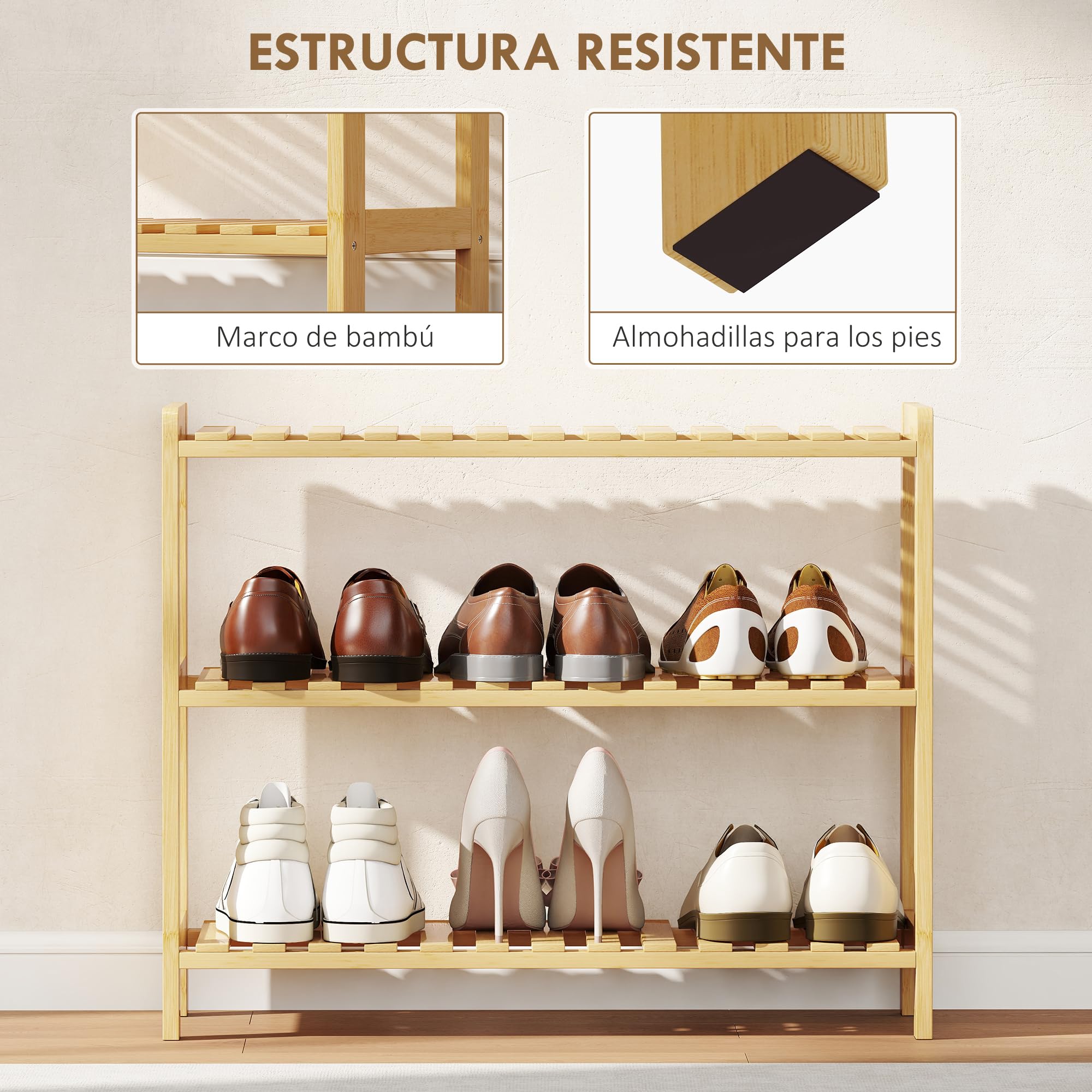HOMCOM Zapatero de 3 Niveles de Bambú para 9 Pares 70x26x57,5 cm Natural | Estantería de Zapatos, para Entrada, Pasillo, Dormitorio