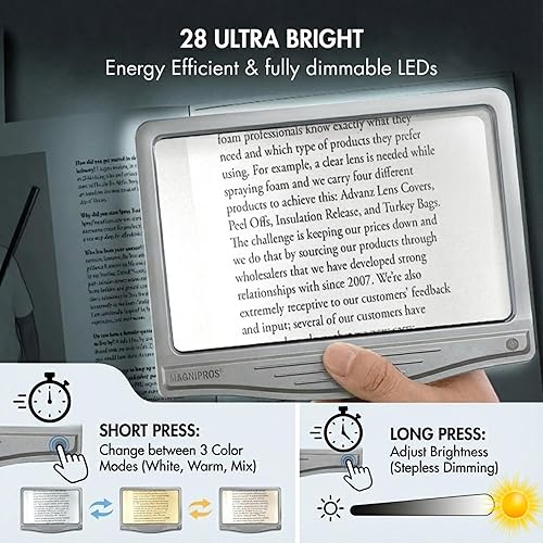 Miniatura 4 de MagniPros Lupa de Página LED Ultra Brillante Grande 5X [Recargable] con Lente Antirreflejos y 3 Modos de Luz de Color Sin Escalones para Aliviar