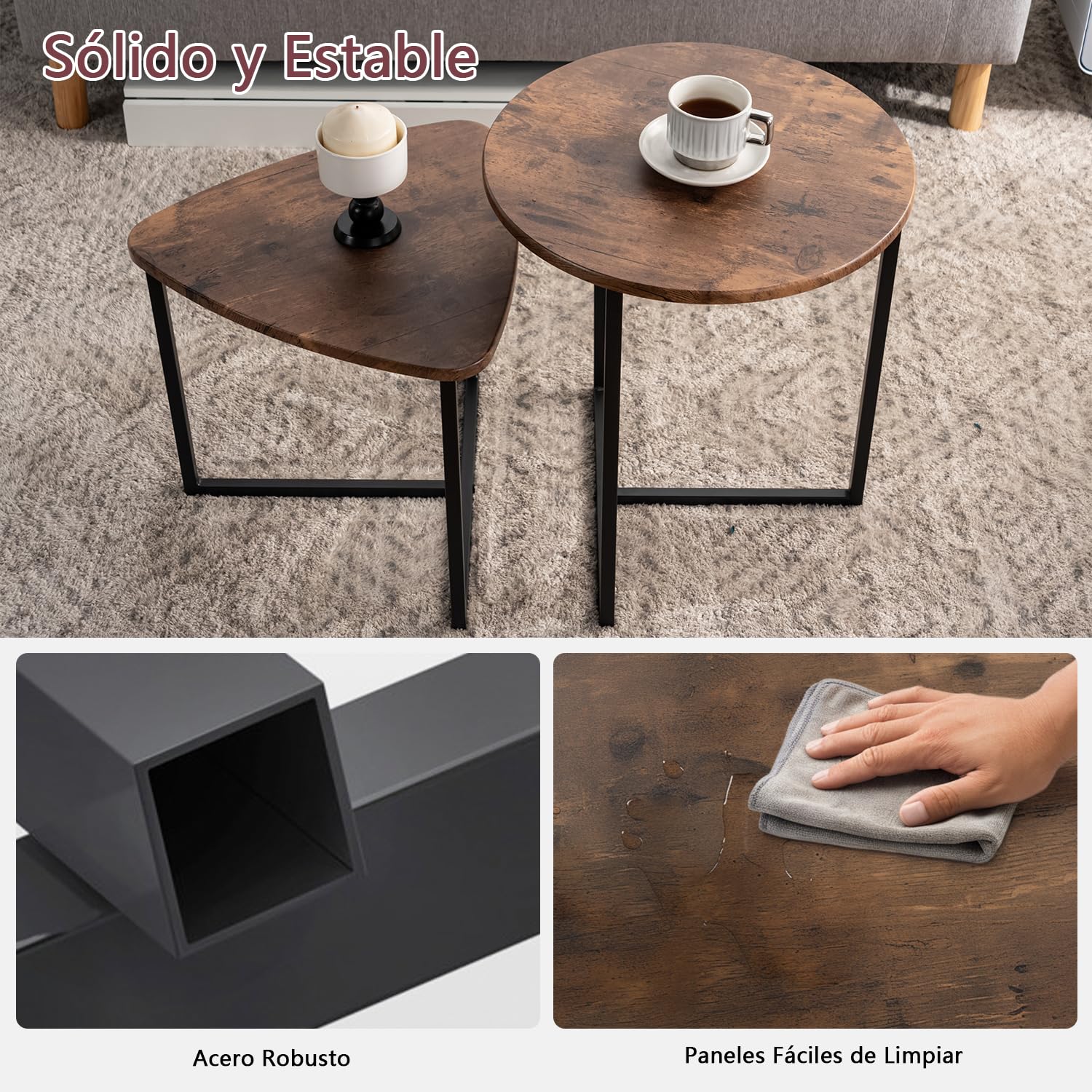 MEUBLE Cosy Juego de 2 Mesas de Café Auxiliares para Sala de Estar, Mesita Nido en Madera de Ingeniería y Metal, Estilo Industrial, Marrón