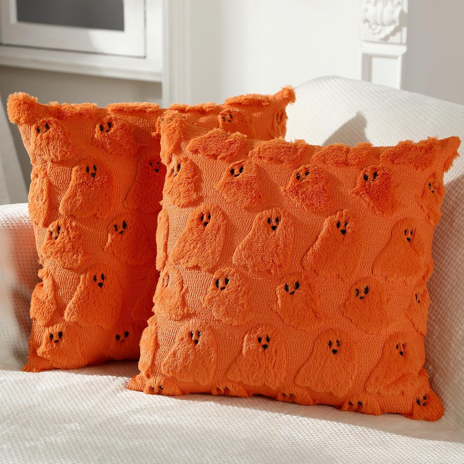 Tegeme Set of 2 Halloween Pillow Covers 18x18 Inch Ghost Throw Pillow Cases Soft Plush Couch Cushion Case for Chair Sofa Bedroom Living Room Home Decor(Orange)