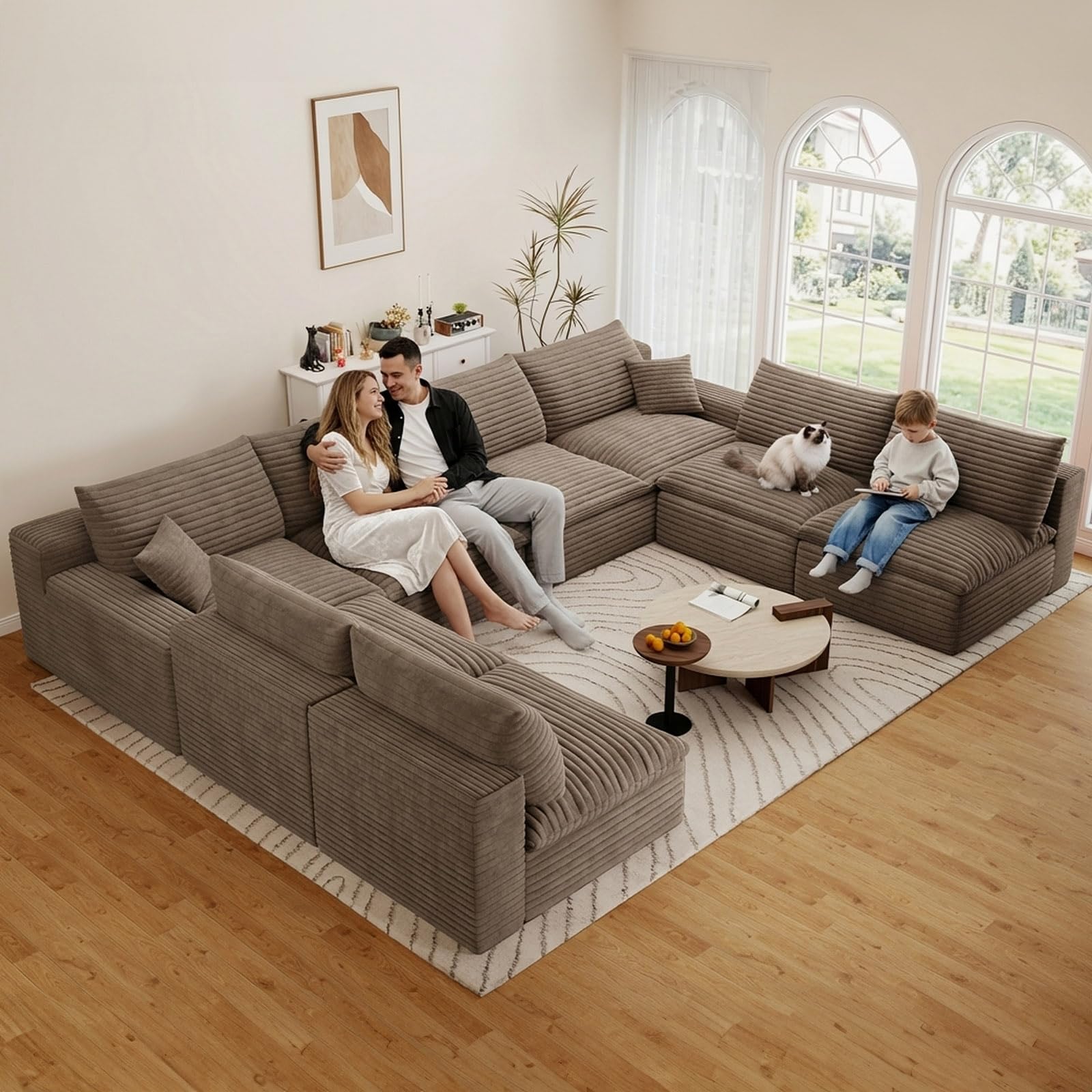 136" Cloud Couch Modular Sectional Sofa for Living Room, U-Shape Boneless Couch with Deep Seat, Modern Corduroy 8-Seater, No Assembly Required, Camel
