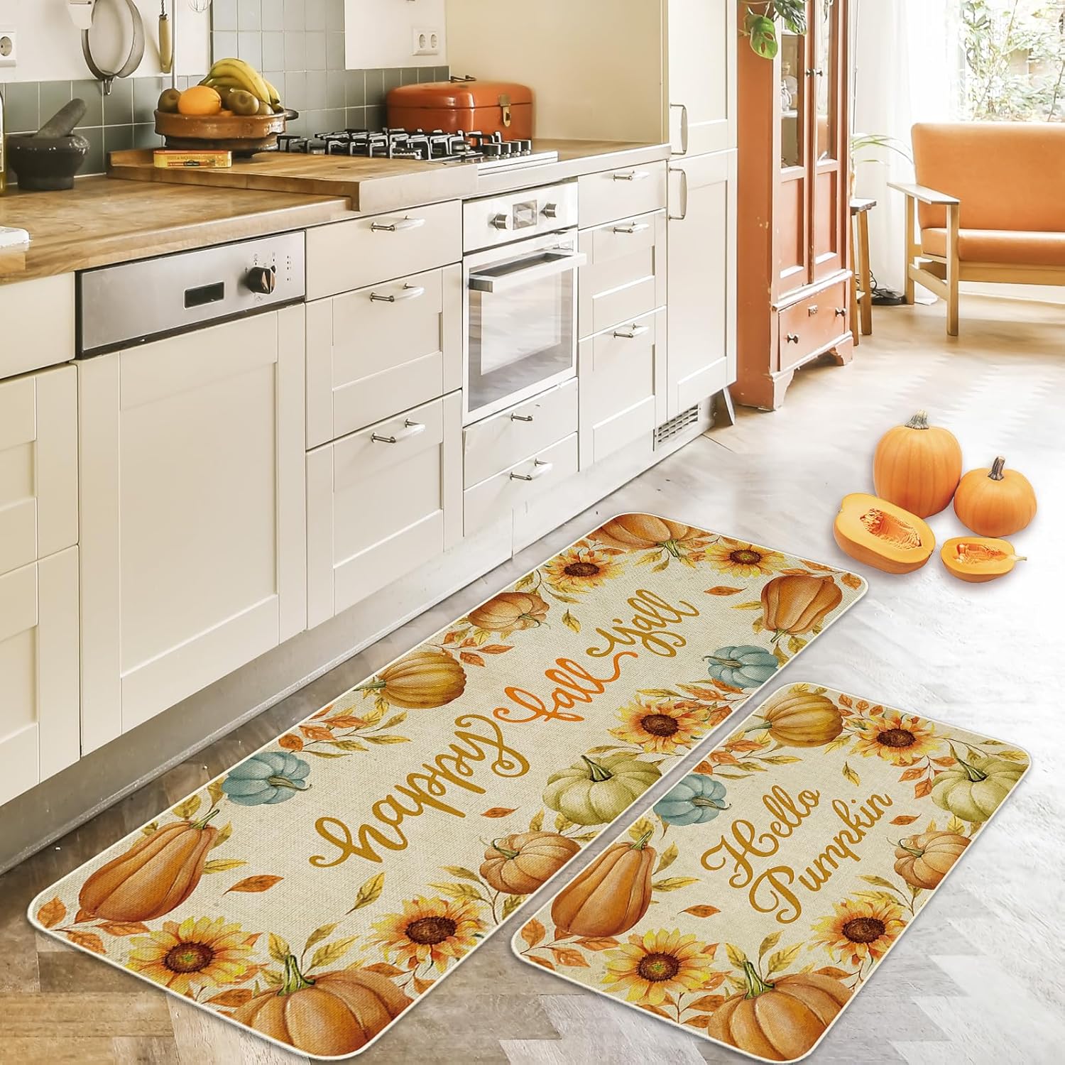JarThenaAMCS 2Pcs Fall Kitchen Mats Pumpkin Sunflower Welcome Floor Mat Non-Slip Door Rugs for Autumn Harvest Thanksgiving Indoor Outdoor Bathroom, 17 x 29 Inch & 17 x 47 Inch