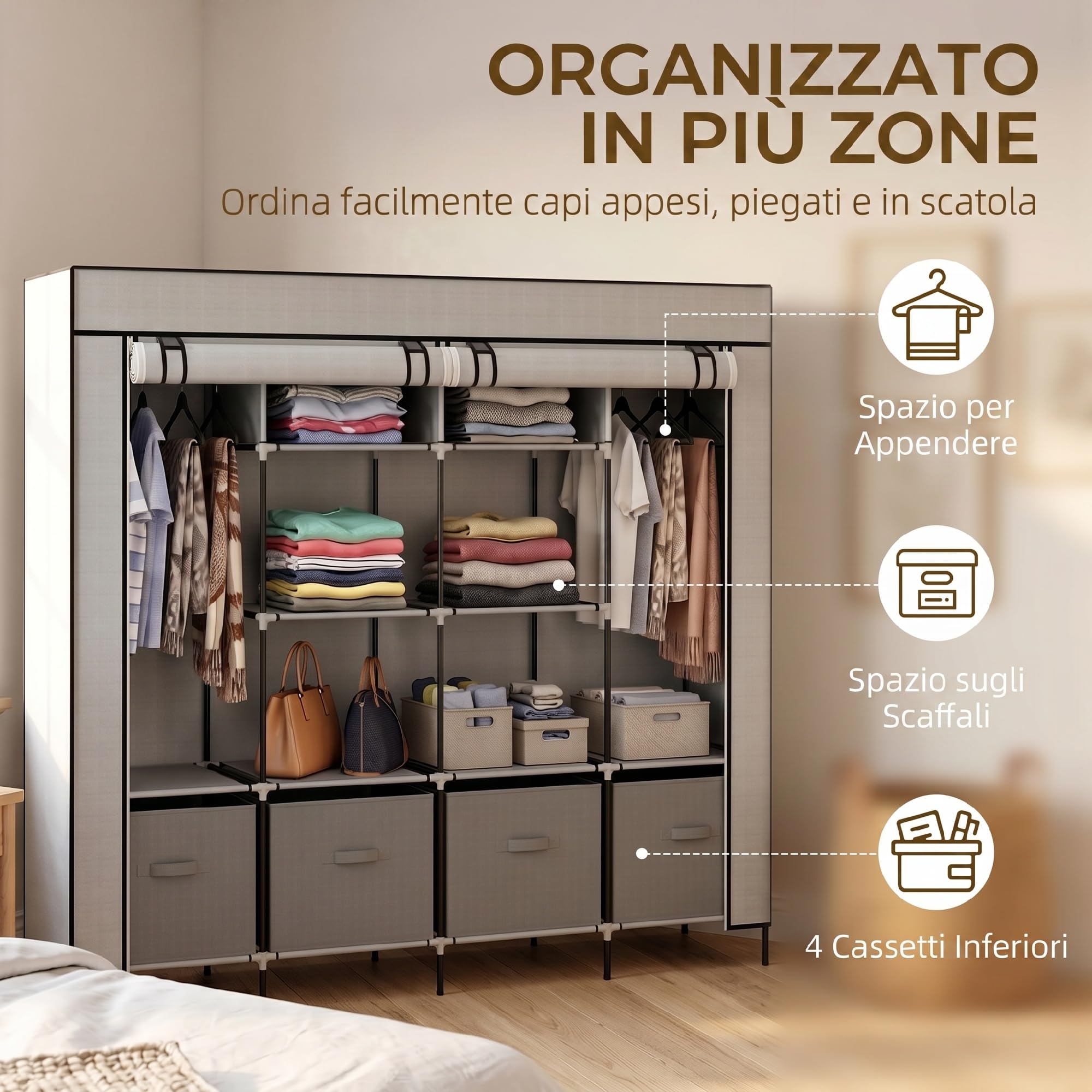 HOMCOM Armario de Tela para Dormitorio Armario Portátil con 10 Compartimentos 2 Rieles Colgantes y 4 Cajones de Tela 166x42,5x169,5 cm Gris Oscuro