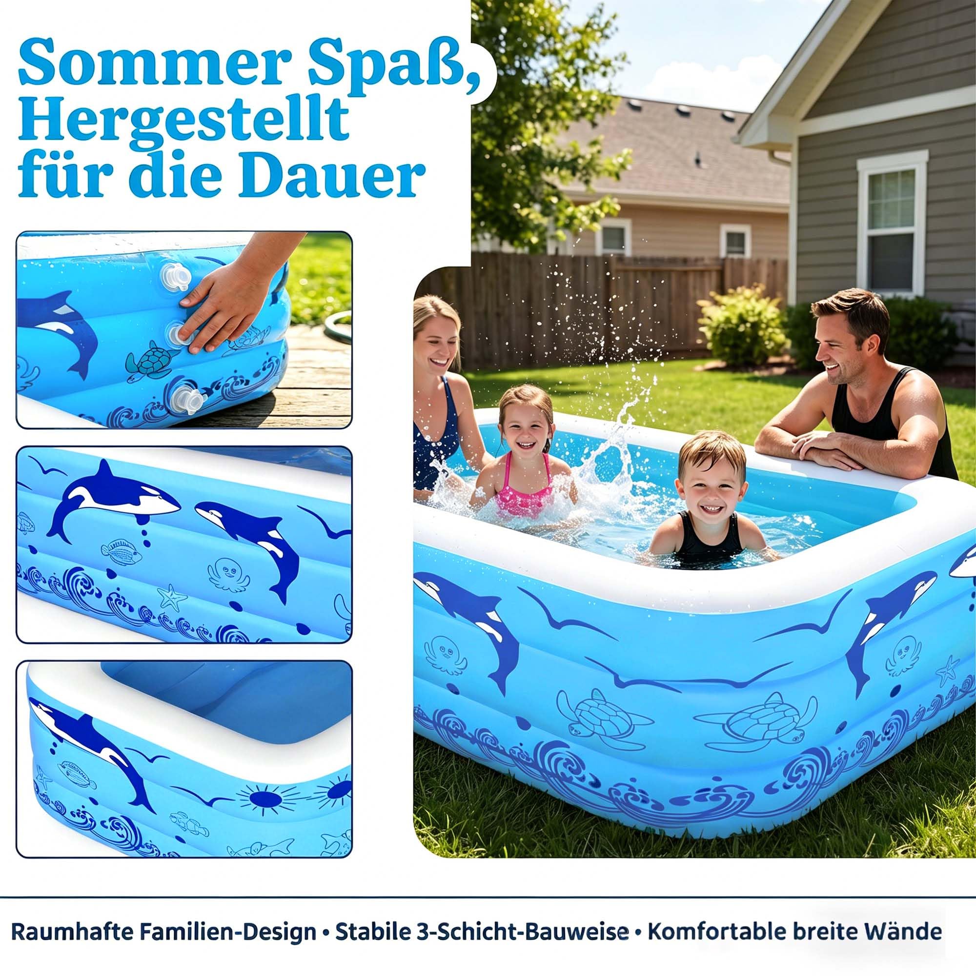 Aufblasbare Schwimmbecken, 300x165x56 cm, Großes aufblasbares Pool für Kinder und Erwachsene, Langlebiges Familien-Freizeitpool, Kinderbecken für Garten, Hinterhof