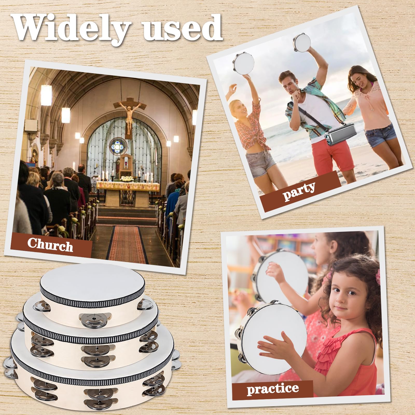 Pandereta de percusión de mano de madera con bolsa de almacenamiento, 6+8+10 pulgadas, ideal para iglesia, boda, fiesta, baile, sesión de fotos