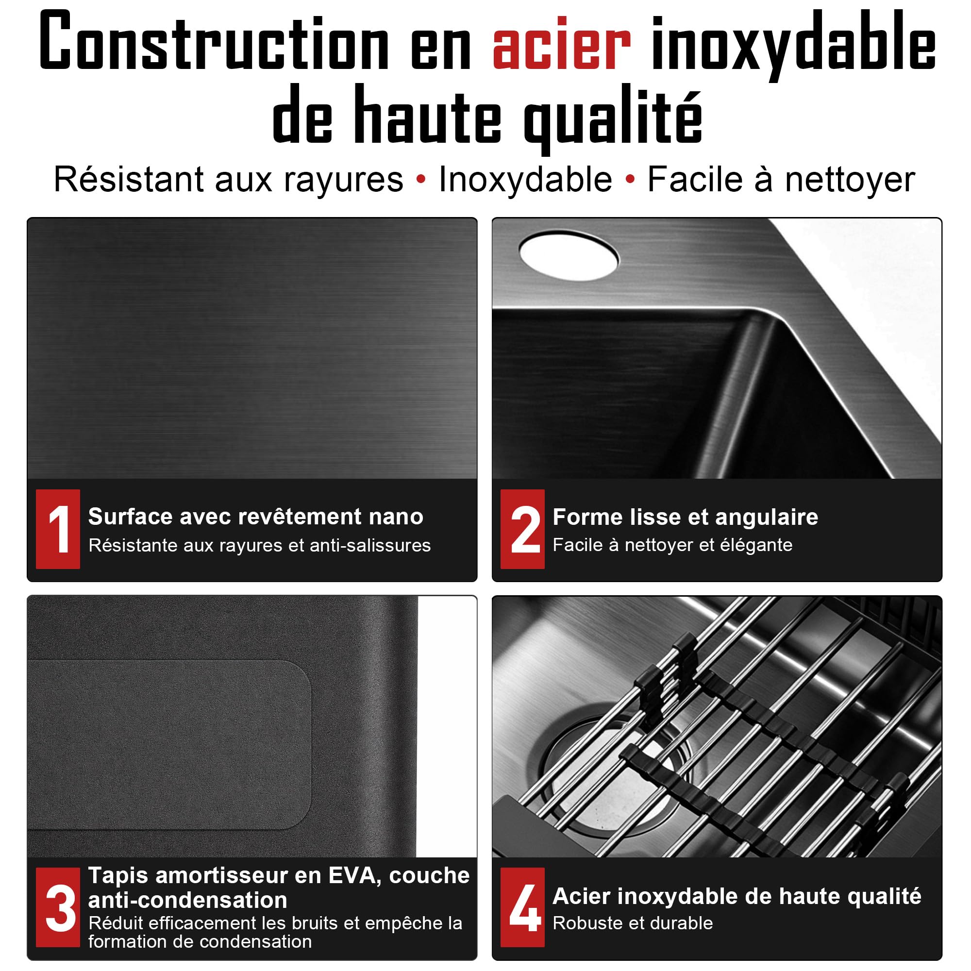 Yc Kitchen Évier Cuisine Noir en Acier Inoxydable -1 Bac 68 X 45 cm | Lavabo Cuisine Encastrable Avec Robinet et Egouttoir — Kit de Vidange