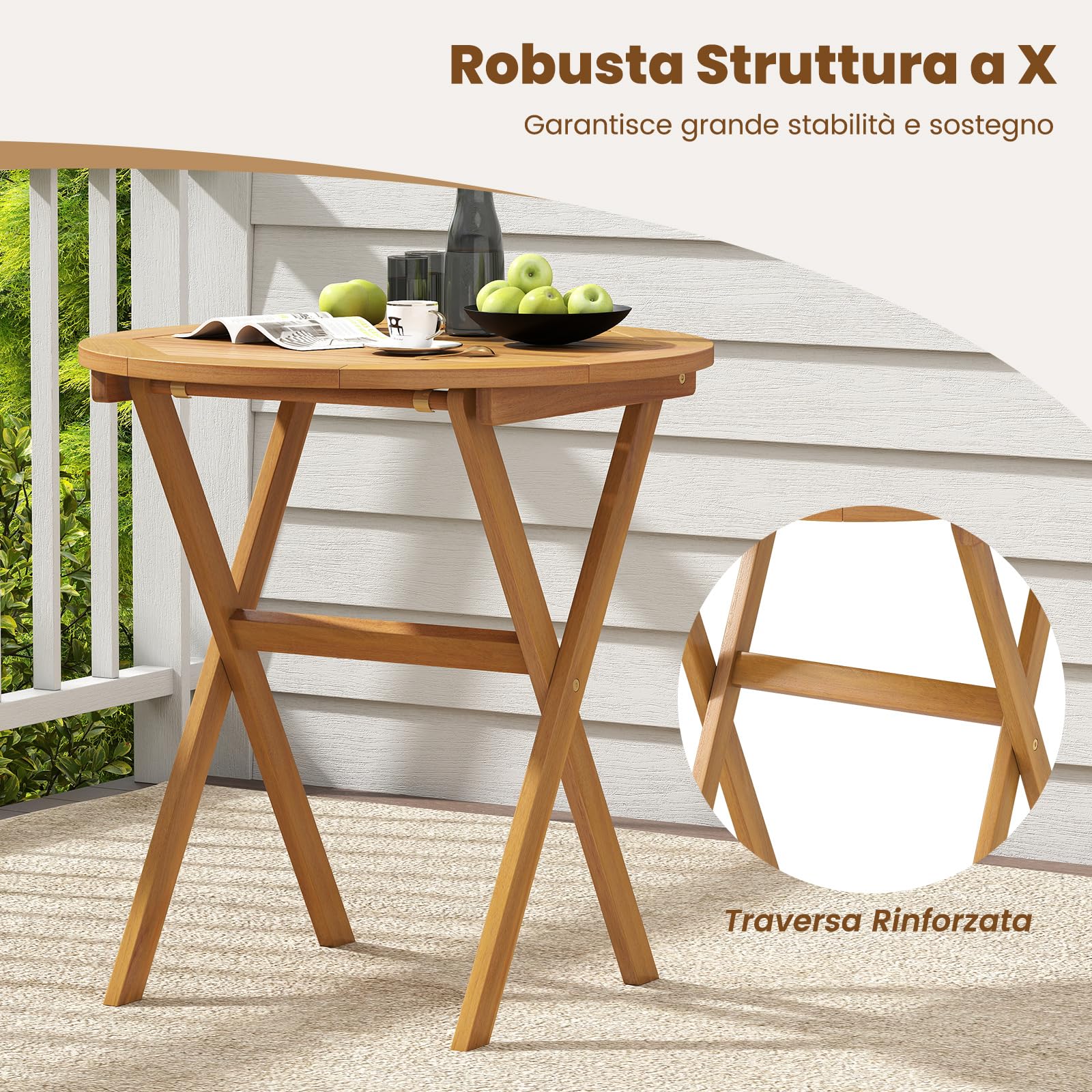 COSTWAY Tavolo Pieghevole da Esterno, Tavolo Bistro Rotondo Ø 67 cm, Legno di Acacia, Struttura a X, Piano a Doghe, per Giardino, Balcone, Cortile, Portata 80 kg