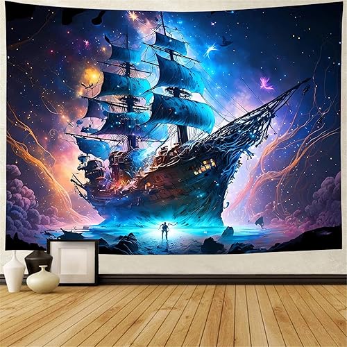 Miniatura 5 de FENDROM Tapiz náutico Decoración Fantasma Velero Arte de Pared Fantasía Paisaje Océano Náutico barco pirata Onda Vela Luna Tapices Colgantes de
