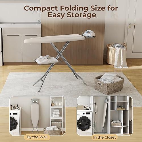 Miniatura 9 de Yaheetech Tabla de planchar, tabla de planchar compacta con soporte para cable, soporte para plancha de vapor y bandeja de almacenamiento inferior,