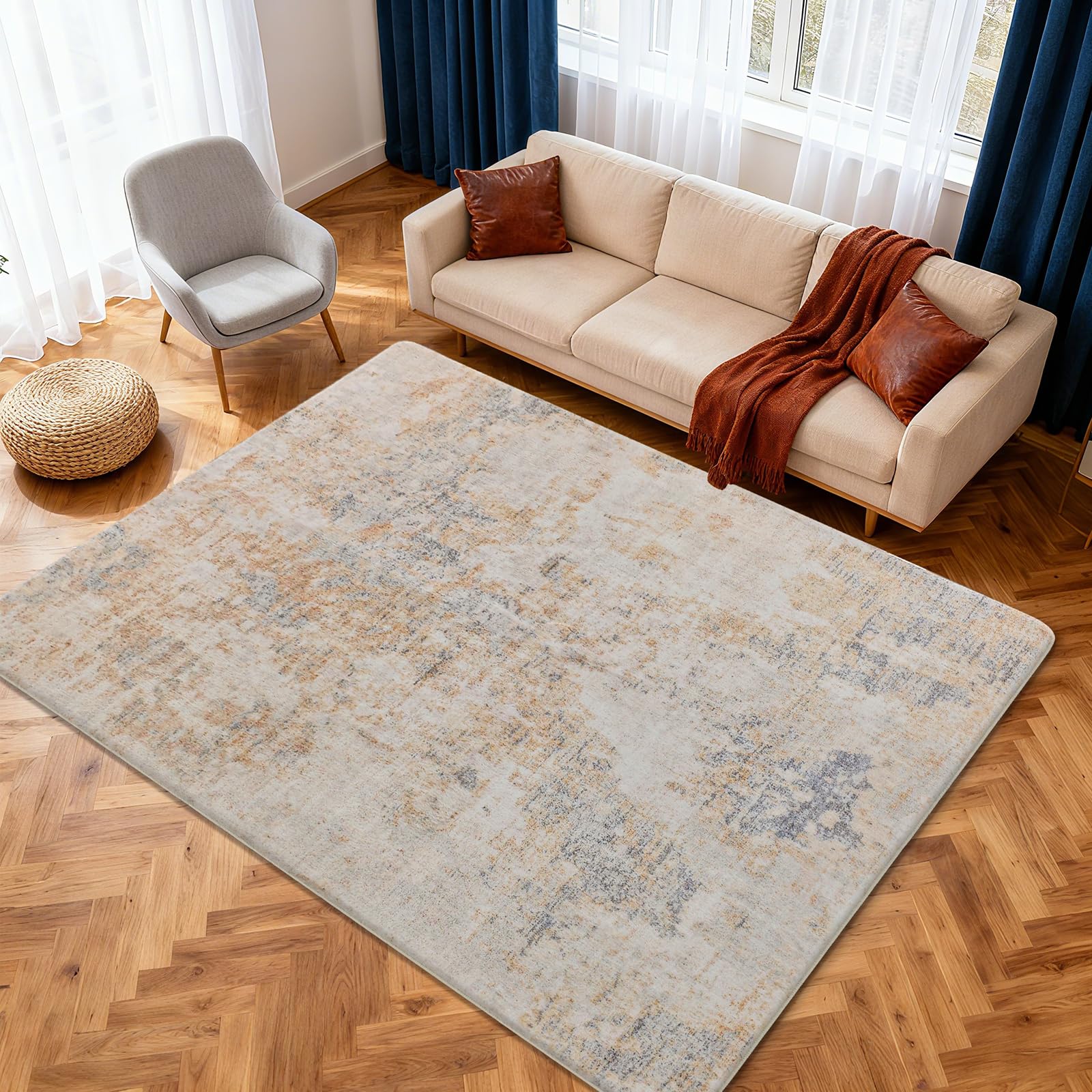Teppich Wohnzimmer Schlafzimmer KurzFlor Modern Teppiche Groß Weich rutschfest Abstrakte (Grau/Beige/Gold/Multi, 160 x 200 cm)