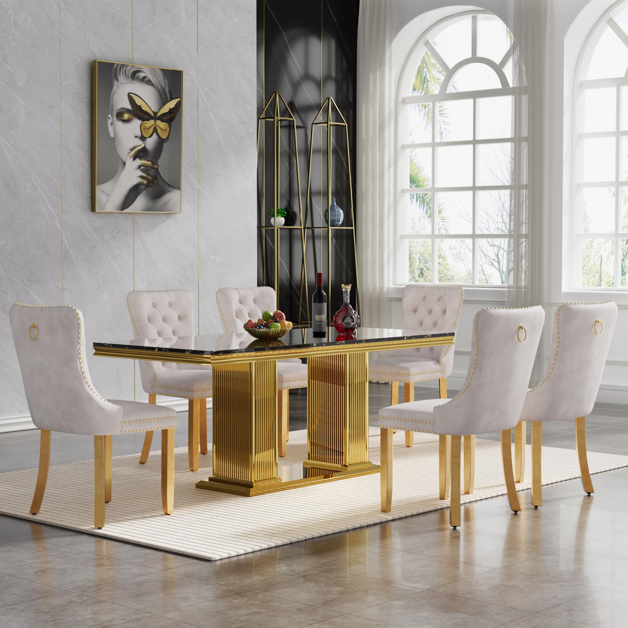 Modern Dining Table Set For 6 70" Faux Marble Dining Set - 6 Velvet ...