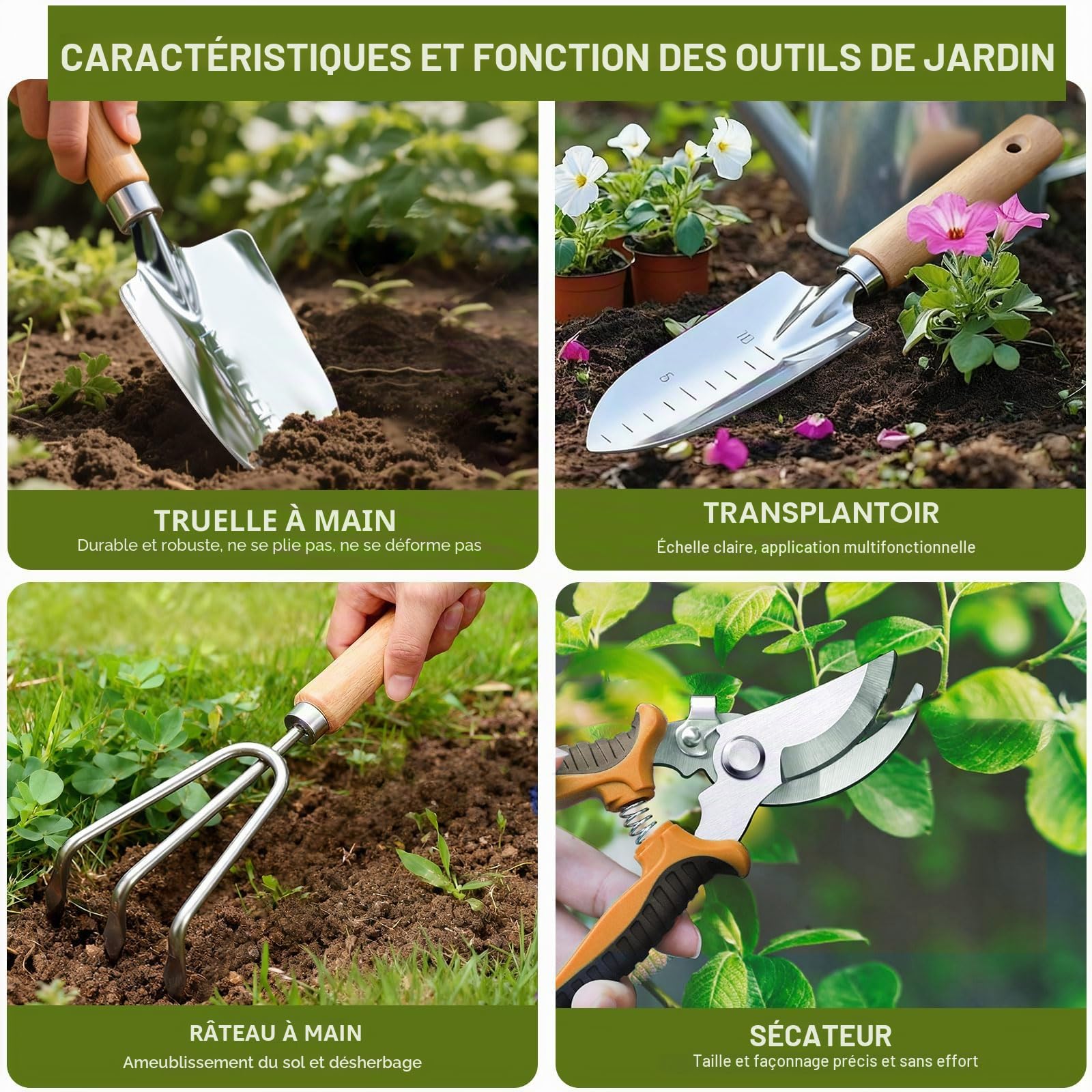 Kynup Kit de Jardinage 9 Pièces, Ensemble Outils de Jardin en Acier Inoxydable avec Manches en Bois Ergonomiques - Idéal pour la Plantation, Désherbage et Rempotage, Cadeau Pratique pour Jardiniers
