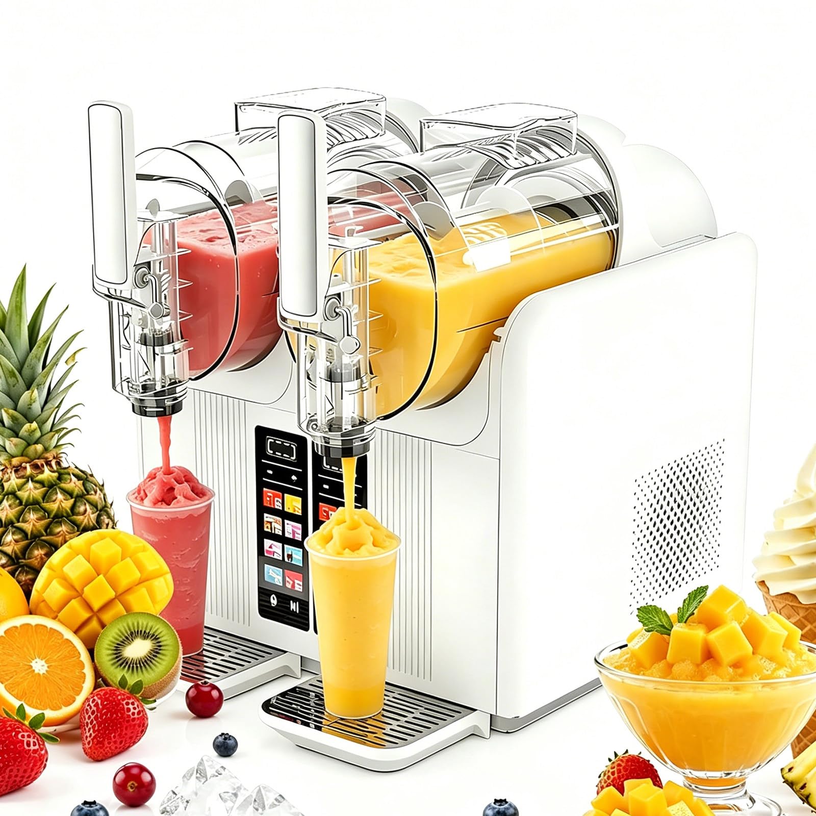 AityBuy Slushie Machine, 2L/68oz Fro-zen Drink & Slushy Maker for Home, No Ice Needed, 7 Presets, Self-Cleaning, for Margaritas, Frappés, Milkshakes, Smoothies DoubleBowl-White