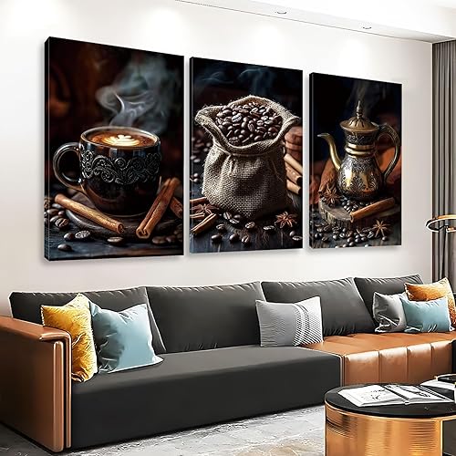 Miniatura 2 de Gueeclk Arte de pared en lienzo de barra de café, impresiones en lienzo de granos de café en tela de saco, juego de 3 arte de pared marrón, imagen