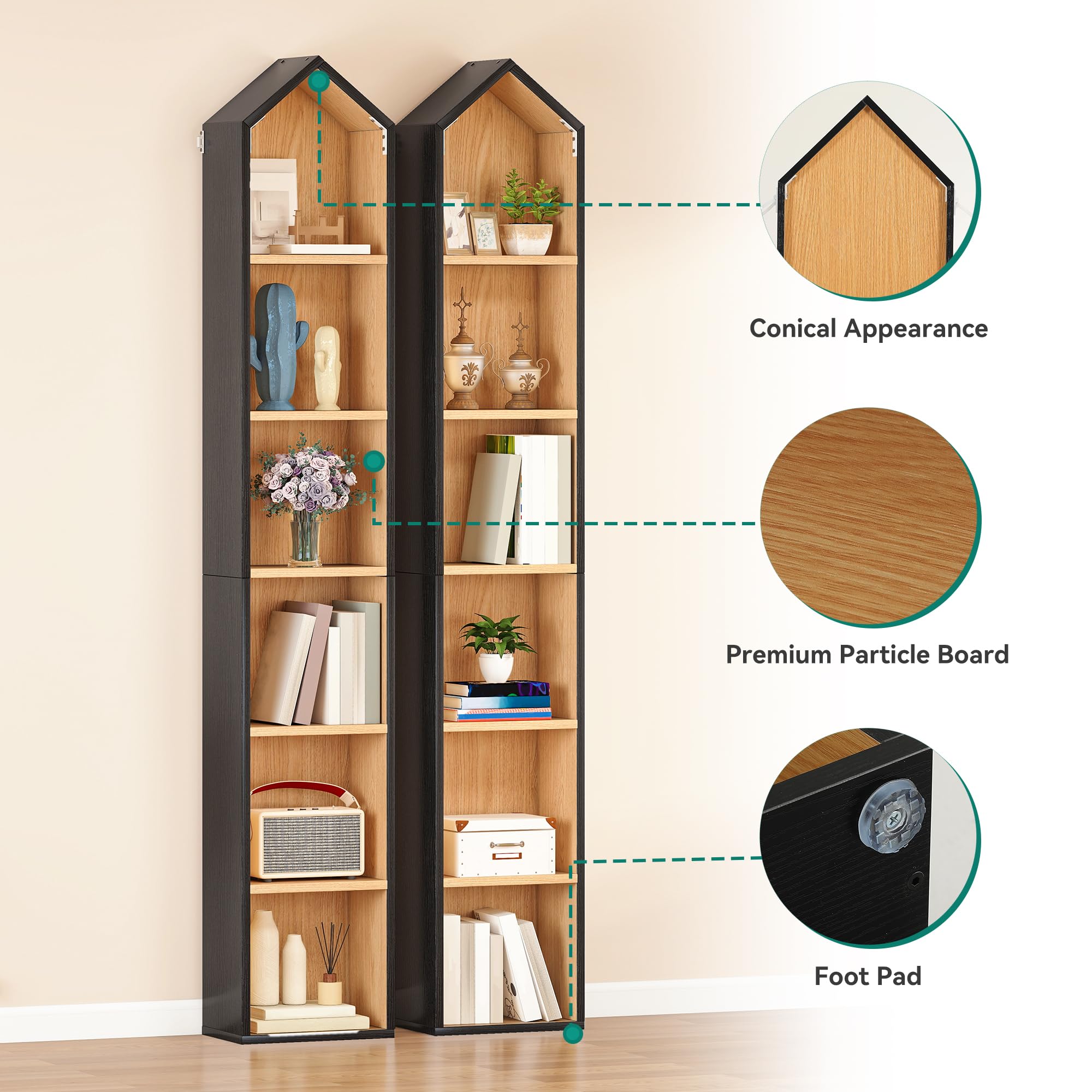 YITAHOME Estantería Alta y Estrecha, en Forma de casa, Esquina Fina, estantería Independiente de 6 Niveles, diseño Que Ahorra Espacio, Almacenamiento de Pantalla para el hogar y la Oficina, Negro y