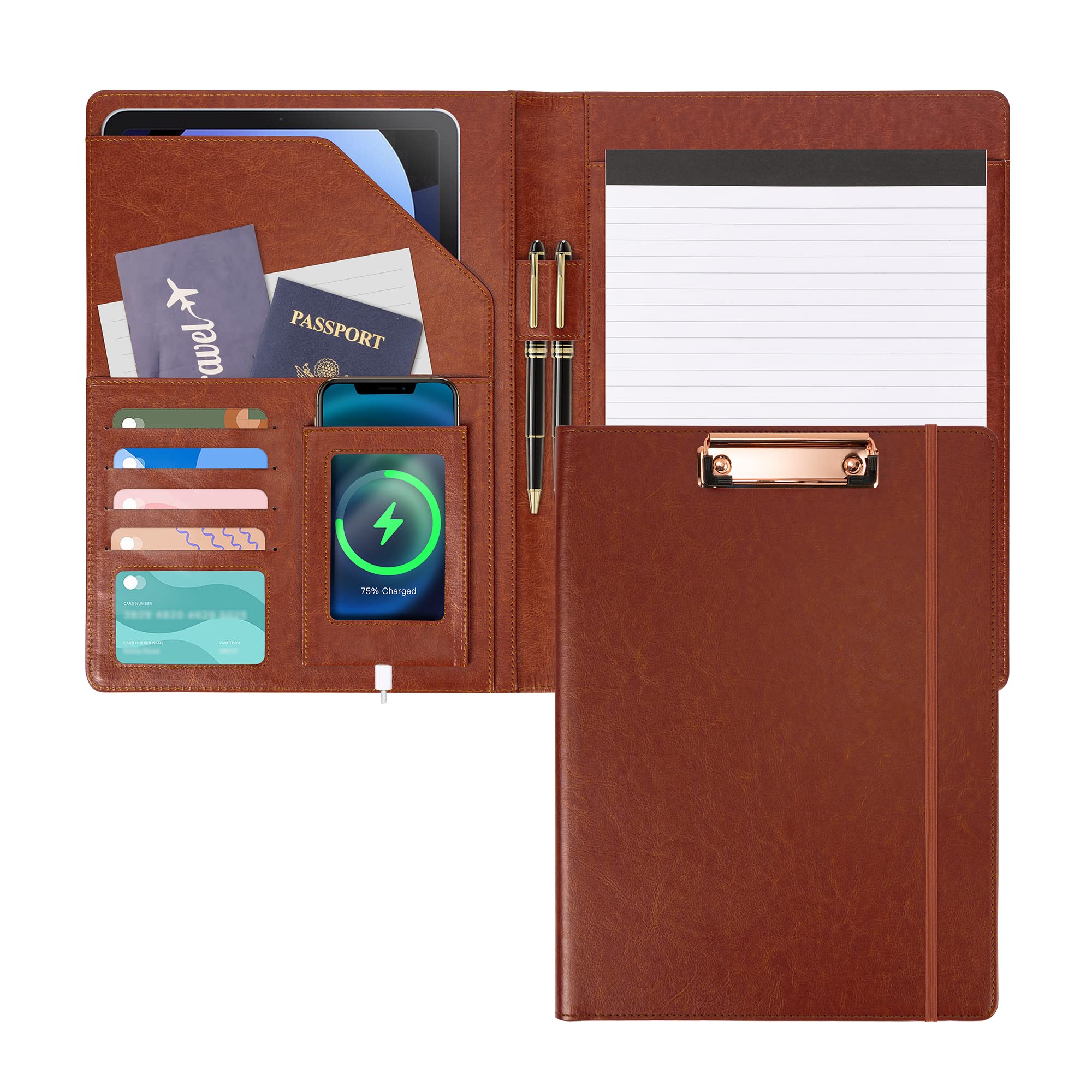 Ospelelf Brown Leather Portfolio Organizer Clipboard Folio