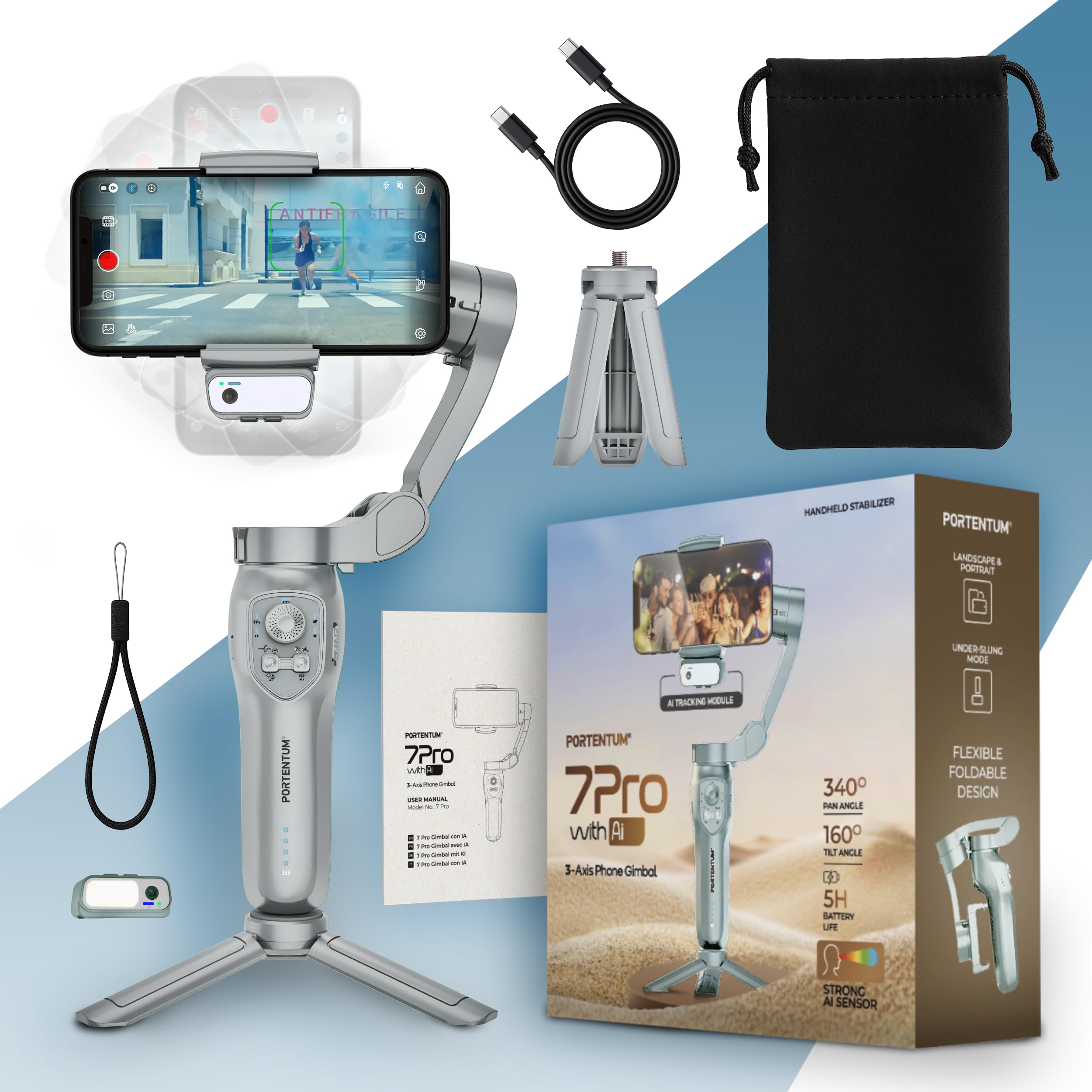 PORTENTUM 7 Pro Gimbal stabilizzatore smartphone con modulo IA di tracciamento indipendente – 3 assi pieghevole – Treppiede – App opzionale – Compatibile iPhone e Android – Vlog YouTube TikTok