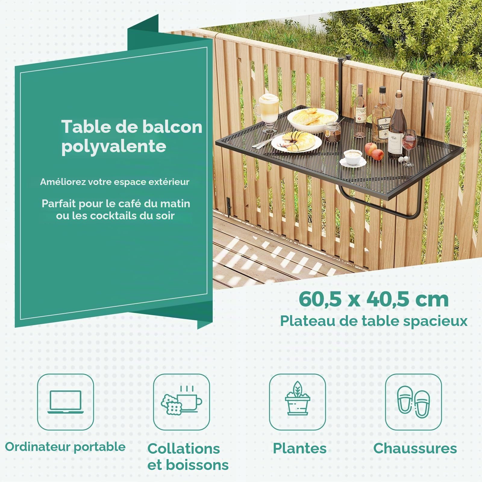 FANTASK 60,5 x 40,5 cm - Table de Balcon Pliable avec Crochets de Suspension réglables - Table de Balcon en métal - Capacité de Charge de 23 kg - Noire