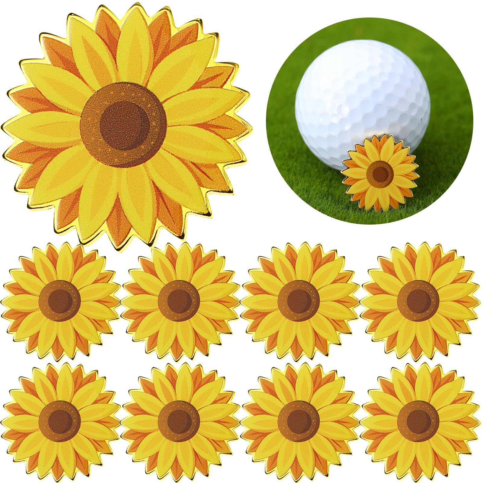 Seenelling 9 Pcs Golf Ball Markers for Women Men 1 Inch Golf Ball Markers for Putting Green Cool Accessories(Yellow,Sunflower)