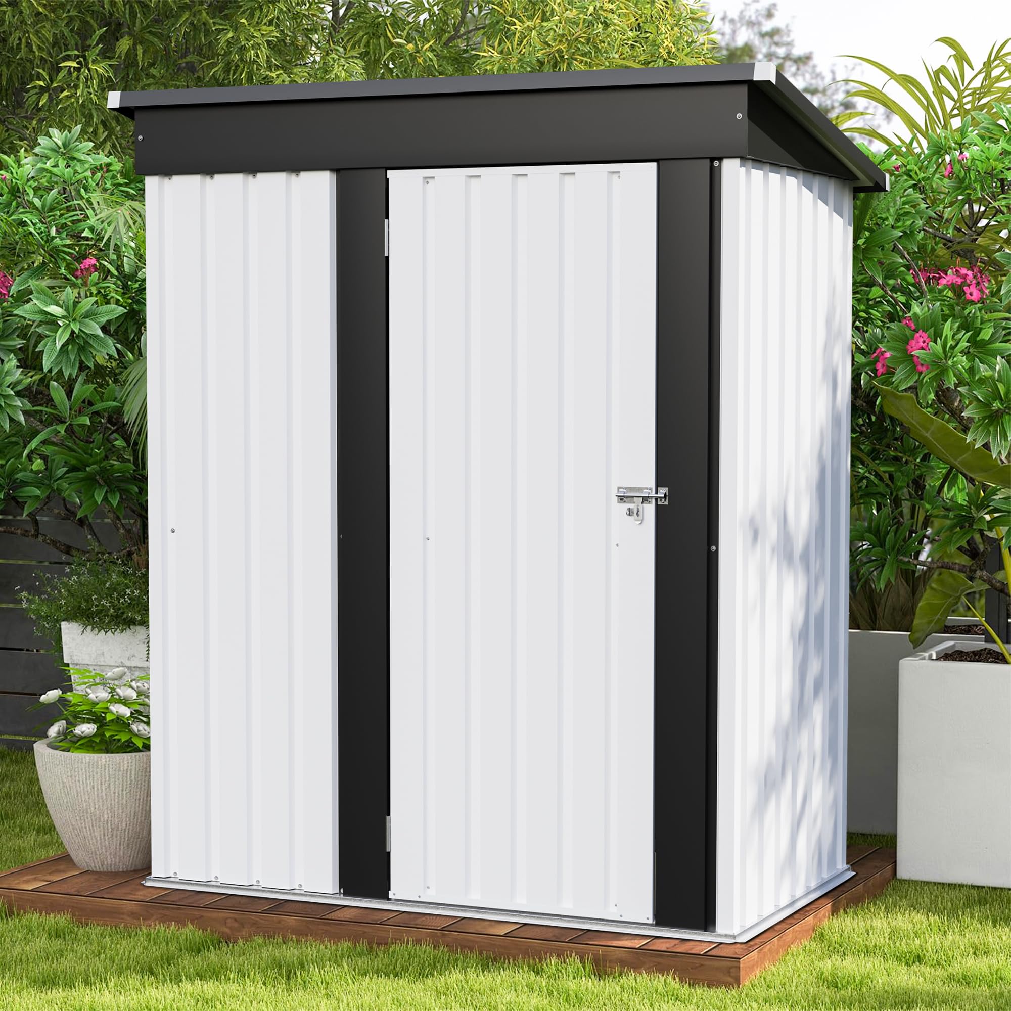 Patiowell 5x3 FT Outdoor Storage Shed, Garden Tool Shed with Sloping Roof and Lockable Door, Metal Shed for Backyard Garden Patio Lawn, White
