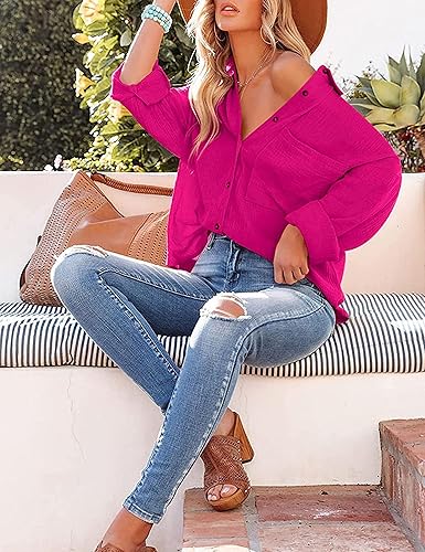 Miniatura 5 de Esmeling Blusa casual de gran tamaño con botones para mujer, manga larga, cuello de solapa, ajuste holgado