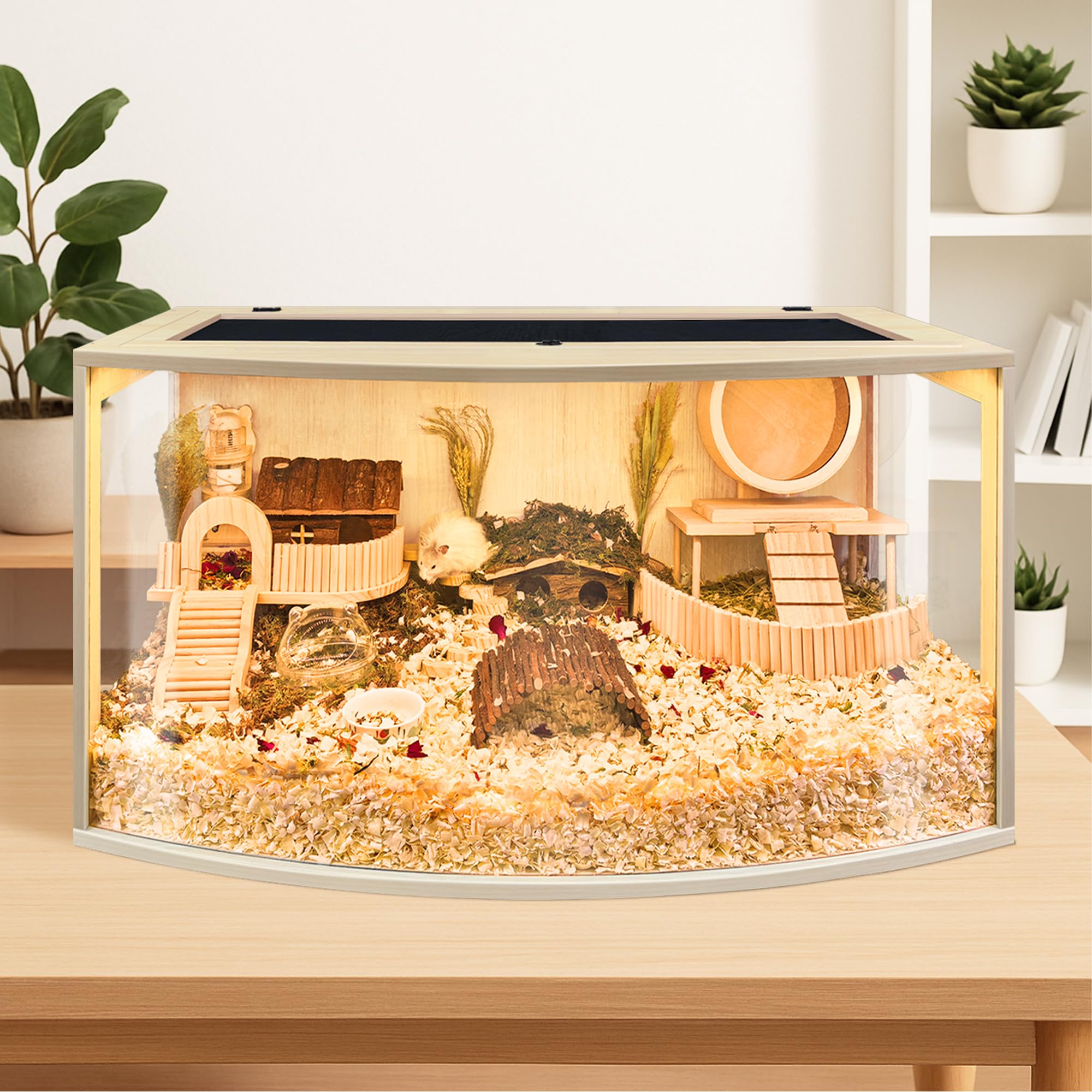 Prolee Hamsterkäfig, kaufestes Holz, Hamstergehege, offene Oberseite mit gebogenem Design, wasserdichter Kleintierkäfig mit Acrylplatten für Rennmäuse, Hamster-Habitat (61 cm)
