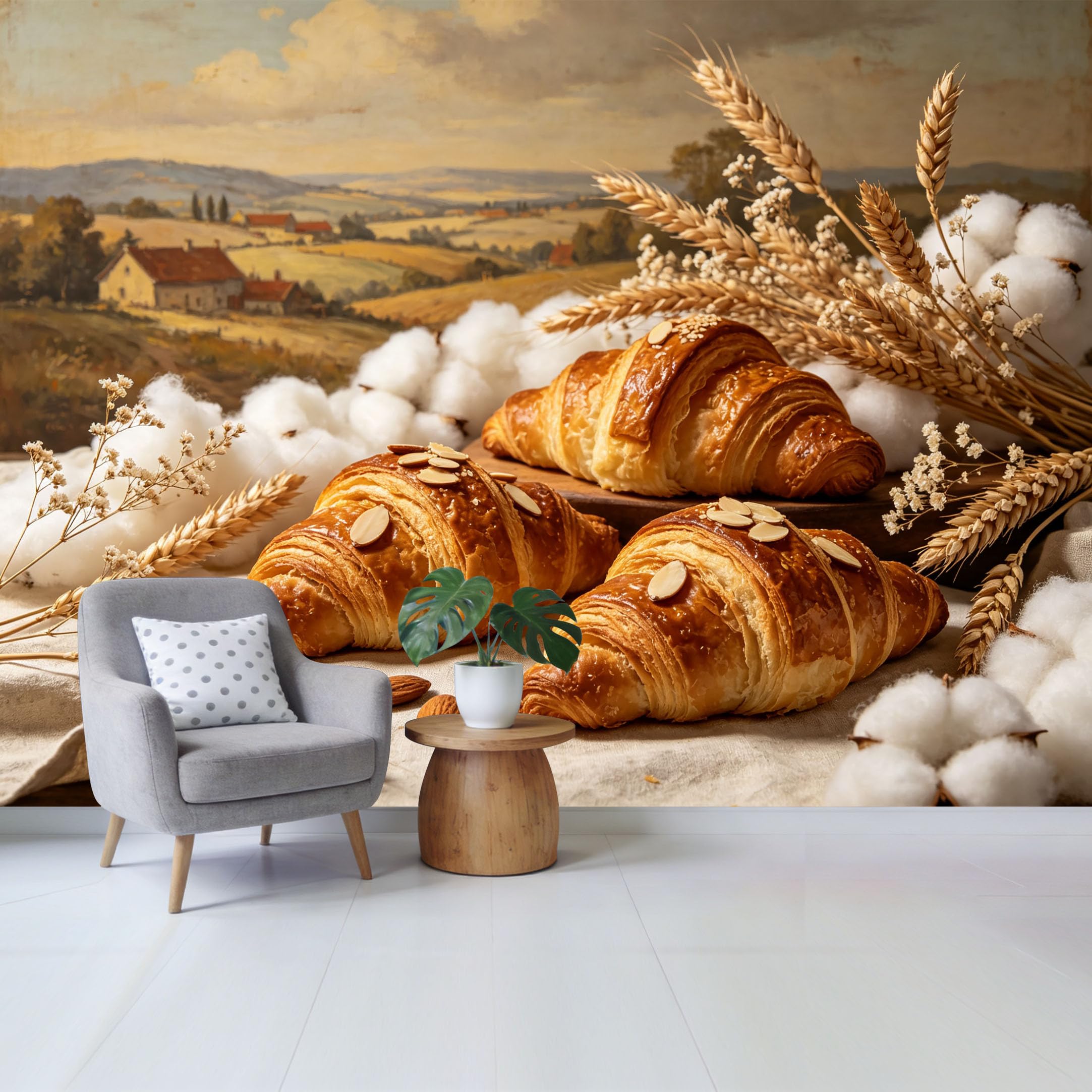 Qzlithotic Yq2605250353 Custom Size Wall Mural Almond Croissants Wheat Ears Farmhouse Countryside Landscape Oil Painting Style Selfadhesive Wall Fabric Removable Wallpaper For Home Office Decor