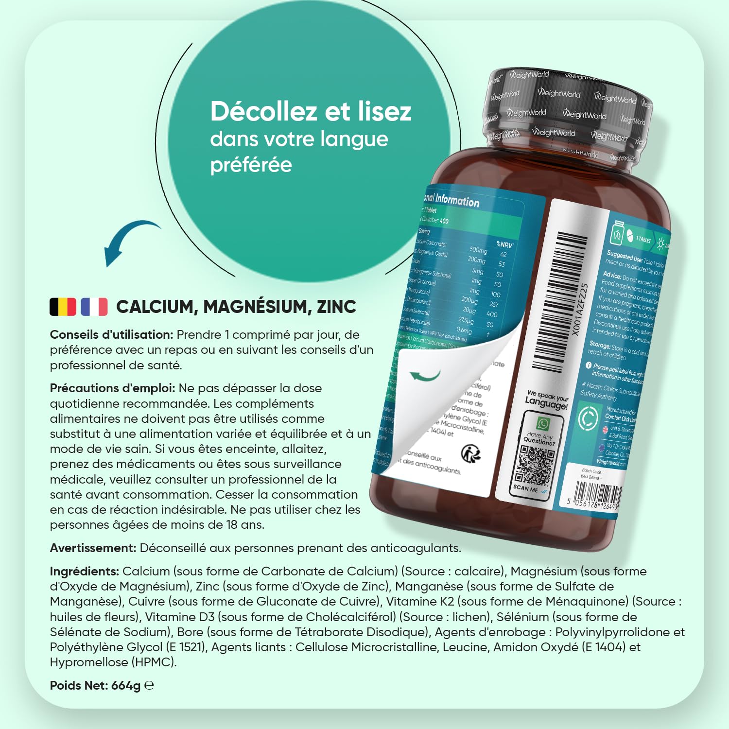 Calcium Magnésium Zinc Vitamine D3 K2 MK7, 400 Comprimés Vegan (+ 1 An)