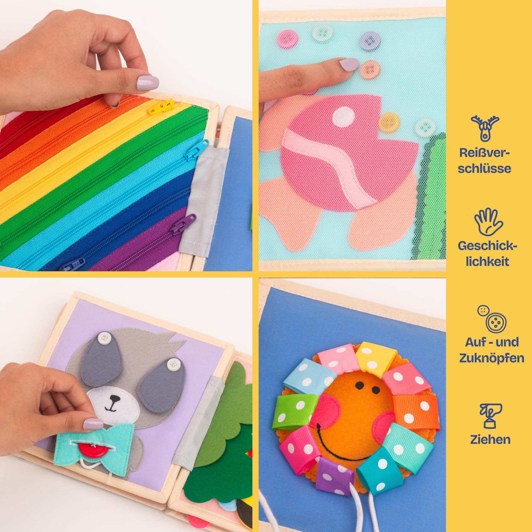 Jolly Designs® Premium Quiet Book para bebés y niños pequeños | Montessori juguetes a partir de 1 año | libro de habilidades motoras de fieltro con diversas actividades | promover la motricidad fina,