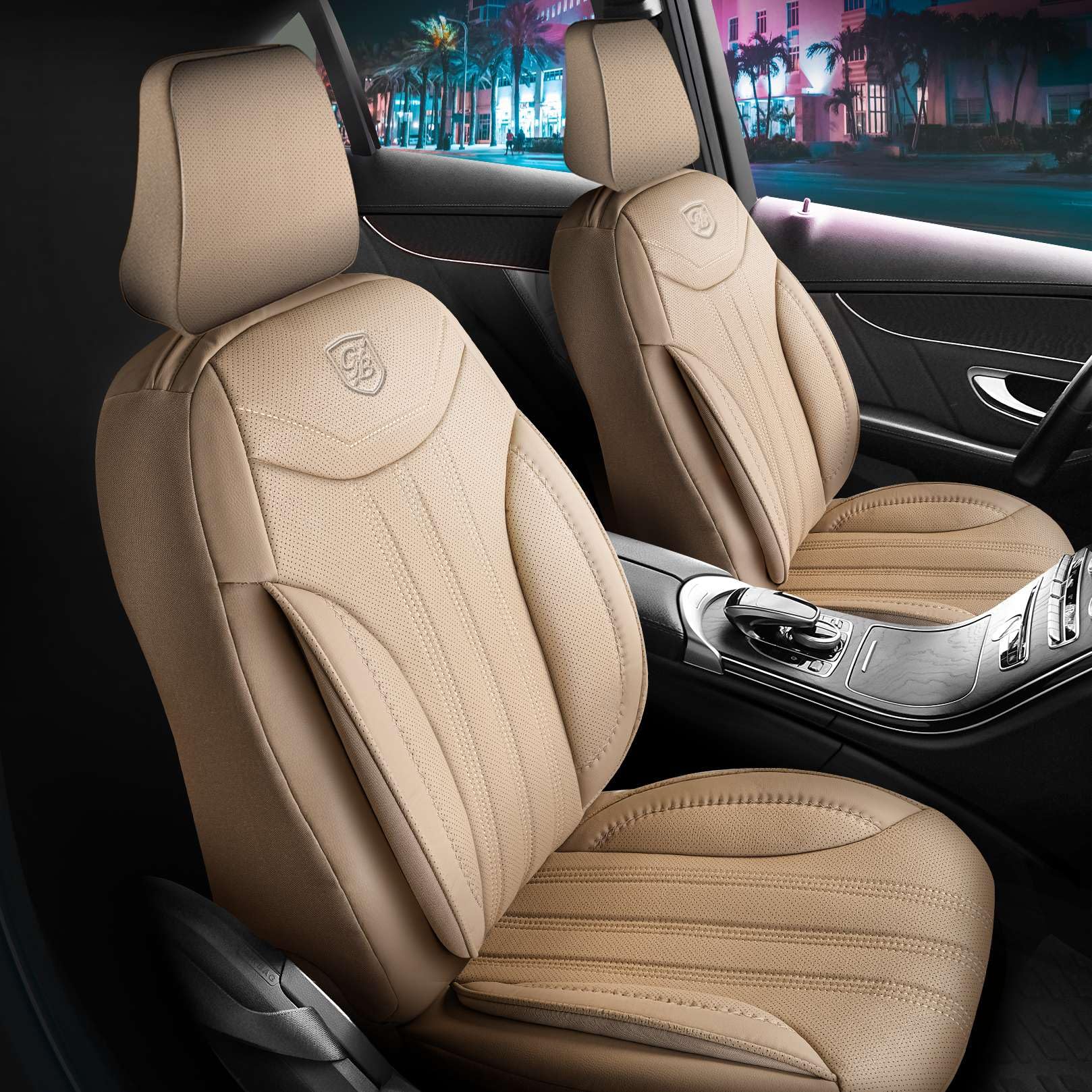 Coprisedili universali per auto e SUV – Premium coprisedili anteriori in pelle, Beige, supporto airbag, protezione per auto, set completo incluso kit di montaggio