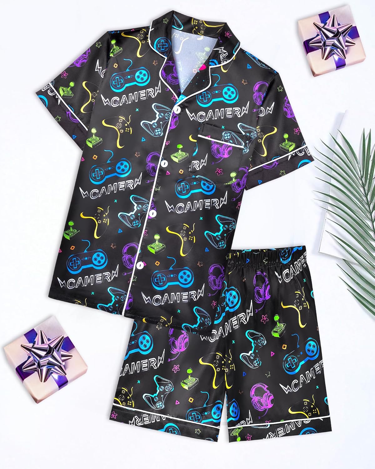 Fiodrimy Boys Pajamas Big Boys Satin PJS Set Summer Short Sleeve Button Down Kids Silky Pajama Lounge Sleepwear Size 8-14 - Image 6