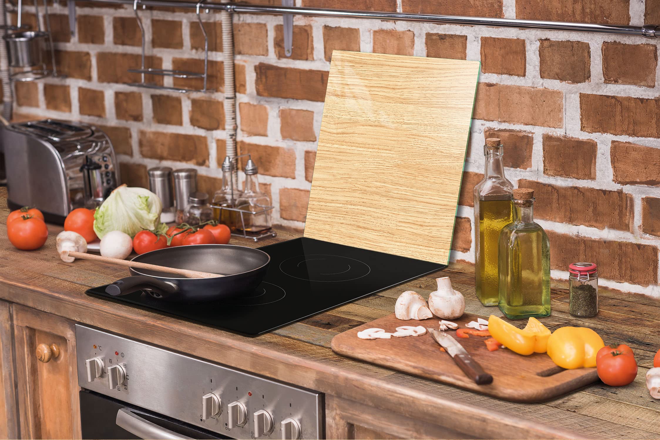 Herdabdeckplatte einteilig 45x52 cm Ceranfeld Abdeckung Glas Spritzschutz Abdeckplatte Glasplatte Herd Ceranfeldabdeckung Deko, Holz Beige